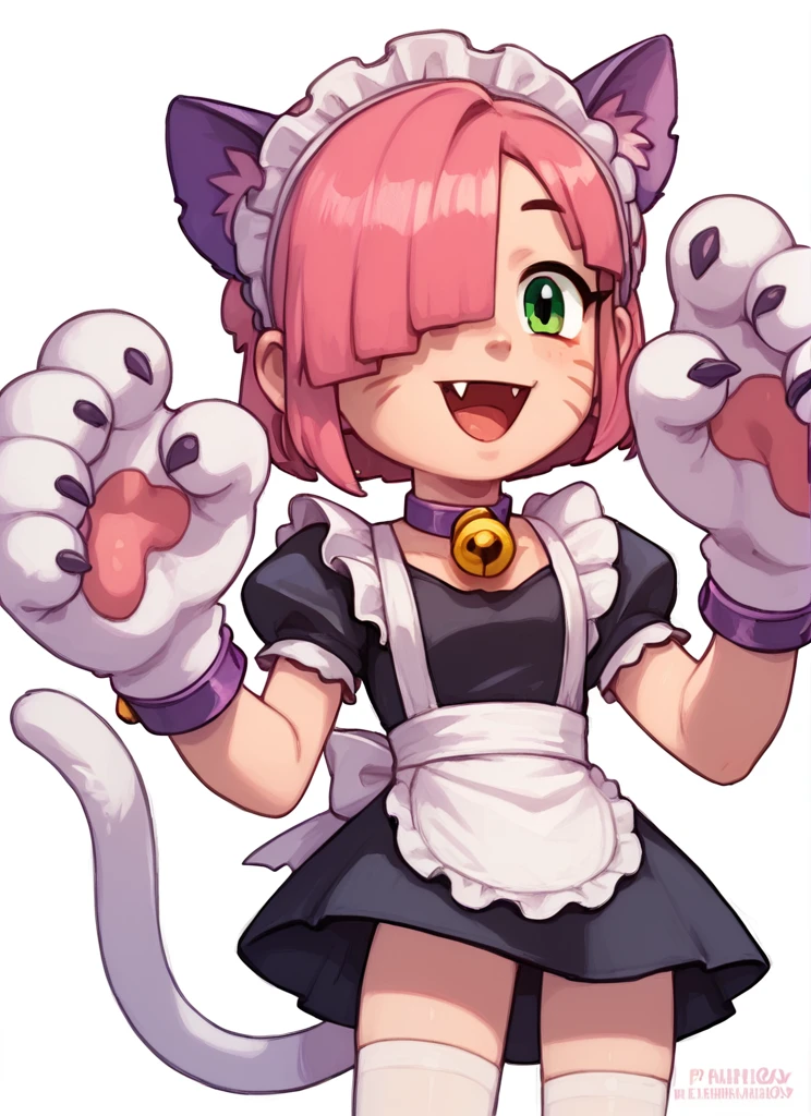 score_9, score_8_up, score_7_up  , <lora:pawlette:1> 1girl, human , pawlette ,animal ears, cat tail , pink hair,  hair over one eye, maid headdress,  bracelet  ,necklace,  neck bell,  maid,  short dress,  White Stockings , paw gloves,solo  ,  <lora:PossumMachine:1>posmach  , smile , open mouth,  ,fang