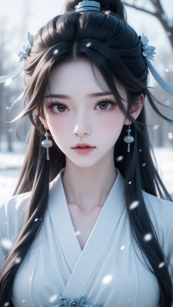 gufeng,1girl,long hair,solo,jewelry,earrings,blurry background,upper body,black hair,blurry,snowing,closed mouth,lips,snow,facing viewer,ribbon,hanfu,flower