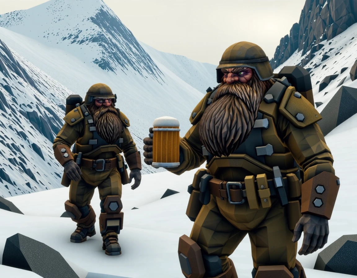 2guys, driller and scout, holding a beer stein mug, beard, armored, hiking up a mountain, snow and rocks, great view, 
 <lora:DeepRock-v3:1> deeprock