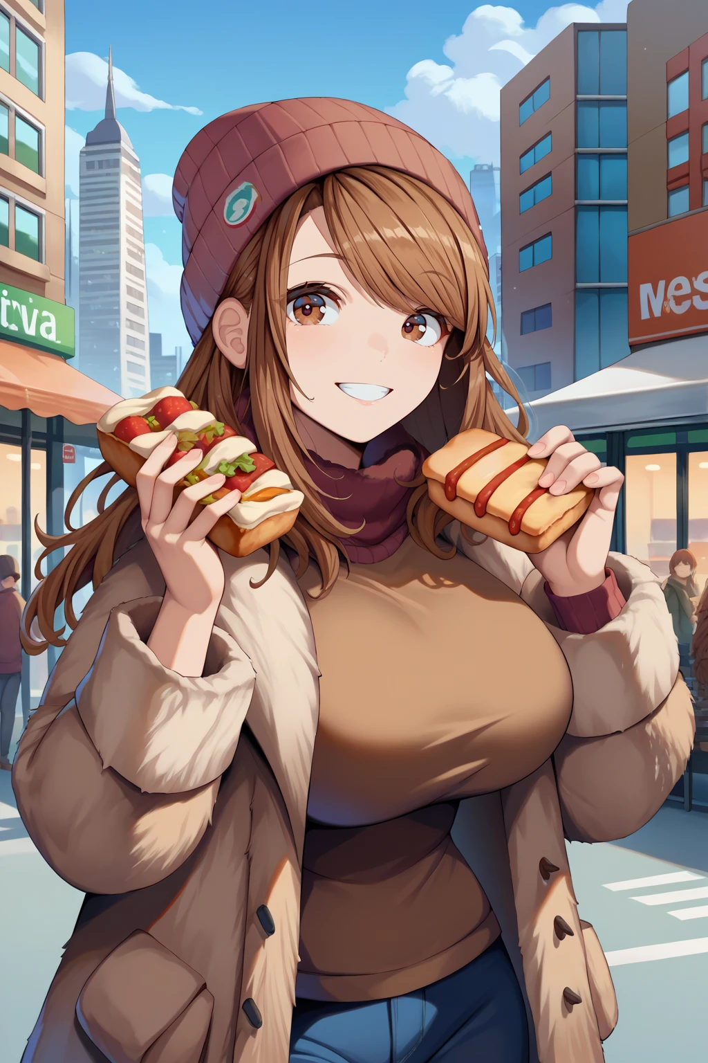 score_9, score_7_up, source_anime, cowboy shot, looking at viewer, smile, nrsbl, long hair, swept bangs, brown hair, brown eyes, large breasts, beanie, fur coat, holding food, outdoors, food stand, city, <lora:Hoseki_BelkoBRNurse_PDXL_v1:1>