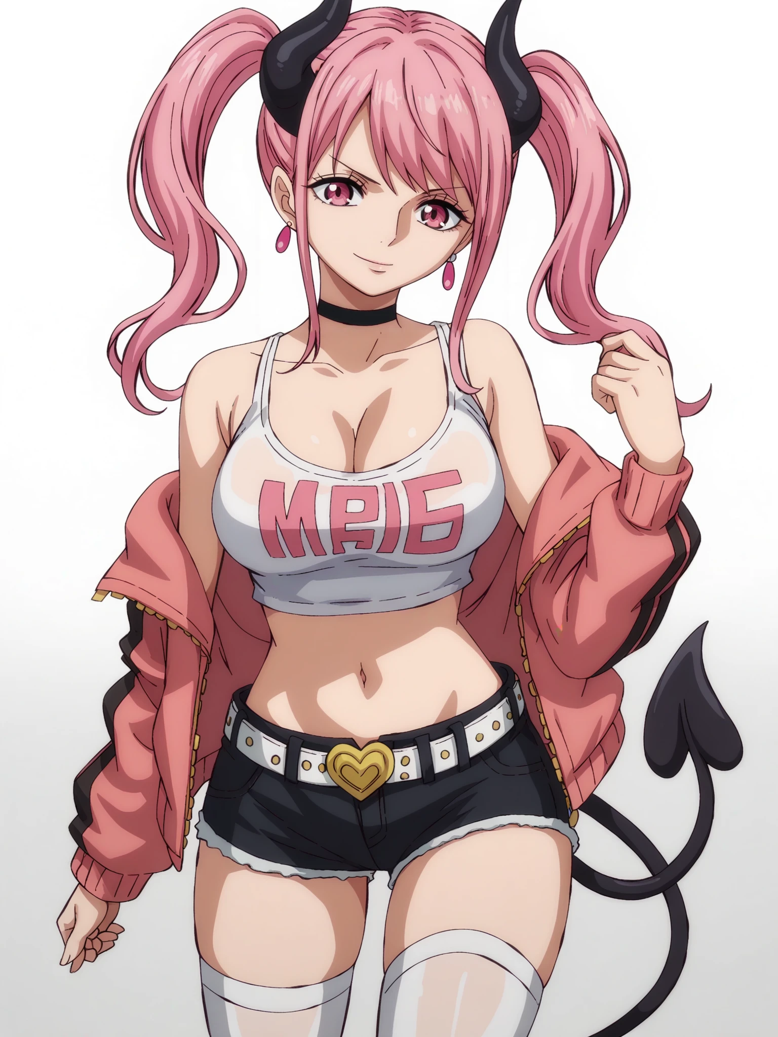 score_9, score_8_up, score_7_up, score_6_up, score_5_up,
1girl, solo, breasts, tail, pink_hair, horns, demon_tail, shorts, jacket, twintails, large_breasts, smile, looking_at_viewer, long_hair, navel, choker, black_background, pink_eyes, short_shorts, belt, demon_girl, pink_jacket, demon_horns, simple_background, tank_top, open_jacket, cleavage, black_shorts, open_clothes, thighhighs, off_shoulder, bare_shoulders, closed_mouth, head_tilt, hair_between_eyes, cowboy_shot, jewelry, micro_shorts, collarbone, black_choker, white_thighhighs, crop_top, bangs, earrings, clothes_writing, shirt, midriff, standing, see-through, contrapposto, long_sleeves
<lora:One_Piece_Wano:1>