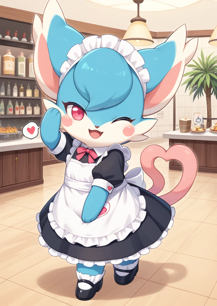 score_9, score_8_up, score_7_up, score_6_up, score_5_up, BREAK
Bibit, furry, furry female, solo, looking at viewer, open mouth, sweet smile, red eyes, full body, heart, cafe, detailed background, maid outfit, maid headdress, wink, one eye closed, , pink eyes, no humans, blush stickers, blue fur, heart tail, spoken heart, pink tail