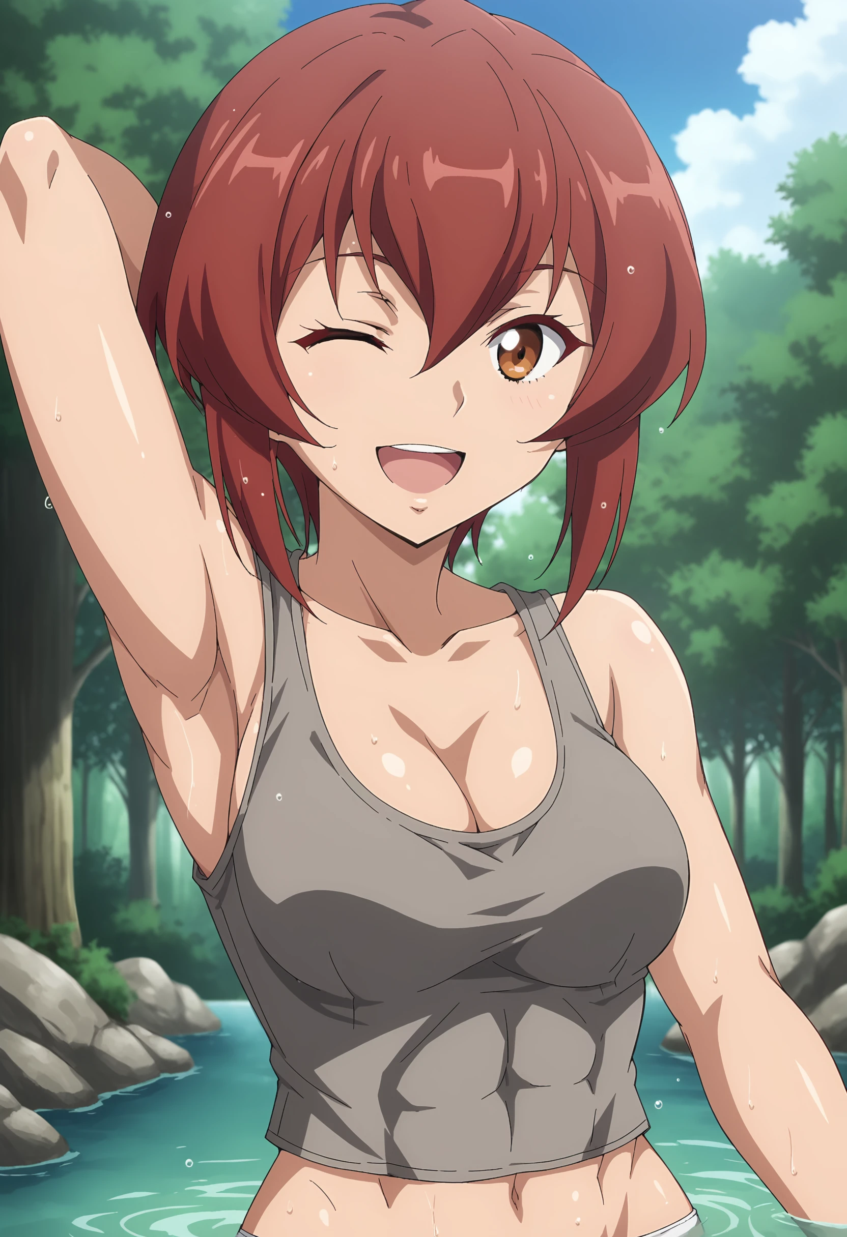 EBKurena, 1girl, solo, smile, short hair, open mouth, shirt, cleavage, hair between eyes, brown eyes, medium breasts, collarbone, upper body, red hair, outdoors, one eye closed, sky, sleeveless, day, armpits, arm up, shiny hair, tree, sleeveless shirt, ;d, tank top, nature, grey shirt, forest, white panties, wet, abs, midriff, partially submerged, thighs, wet hair, wet body, navel, 
<lora:xl_more_art-full_v1:0.8>,   <lora:KurenaKukumila-08:1>