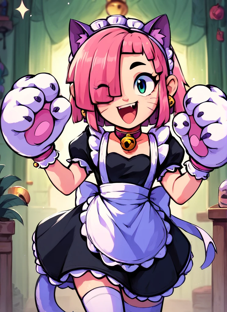 score_9, score_8_up, score_7_up  , <lora:pawlette:1> 1girl, human , pawlette ,animal ears, cat tail , pink hair,  hair over one eye, maid headdress,  bracelet  ,necklace,  neck bell,  maid,  short dress,  White Stockings , paw gloves,solo  ,   smile , open mouth,  one eye closed,  <lora:Aer0Zer0_Artist_Style:1>aerozerorisk