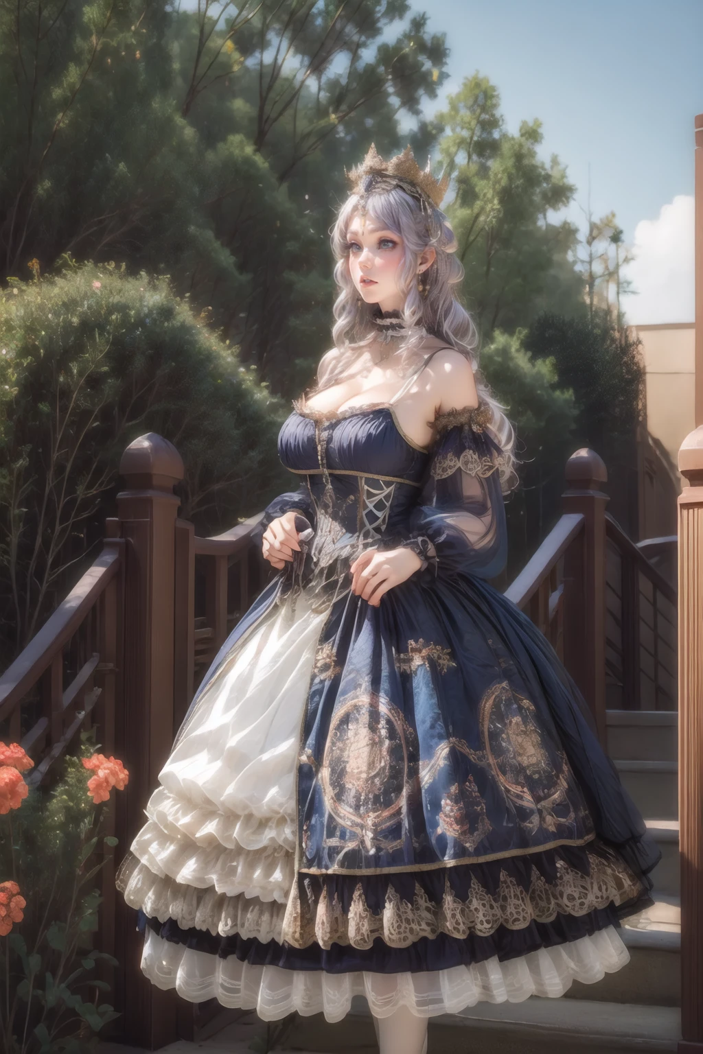 (masterpiece, best quality:1.2),illustration,8k,hd,1 girl,very long hair,standing,solo,(cowboy shot:1.2),(silver hair:1.2),cxzg,dress,cyan dress,tiara,detached sleeves,jewelry,necklace,frills,lace,cross-laced clothes,crown,big breasts,(cleavage:1.4),(bouncing breasts:1.2),(NSFW:1.2),(garden, outdoors :1.4),(European princess:1.3),