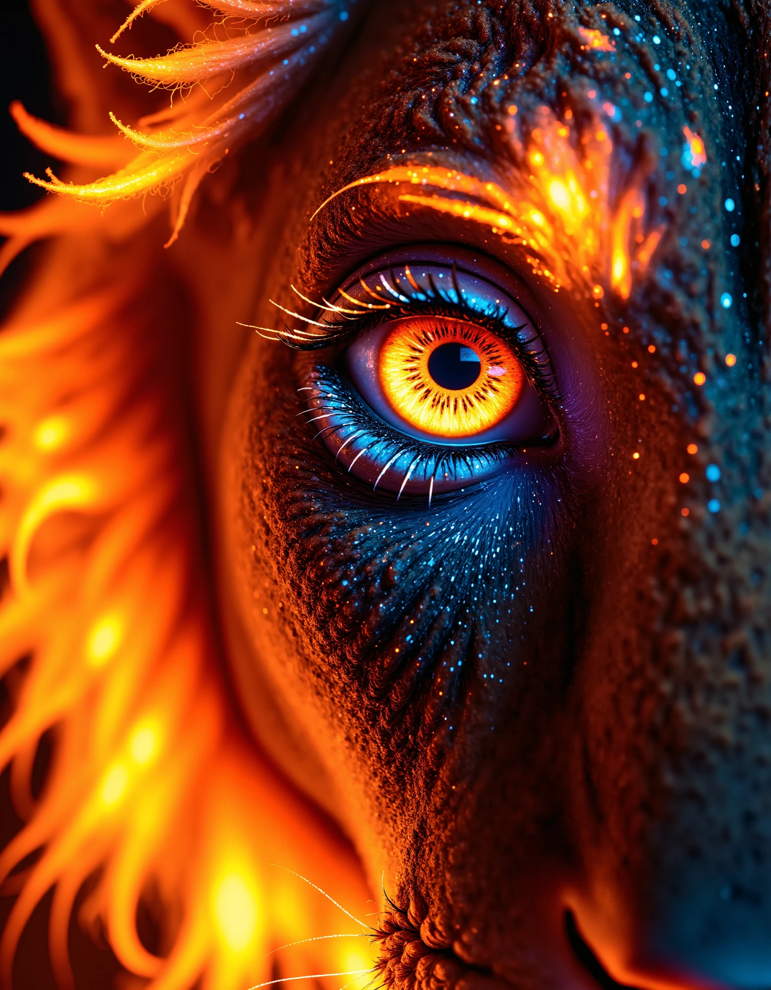 zavy-flrscnt, A macro close-up of a lion's eye, where the fur around it glows fluorescent orange, creating a fiery aura. The eye itself reflects a soft, warm glow. The mood is powerful and regal