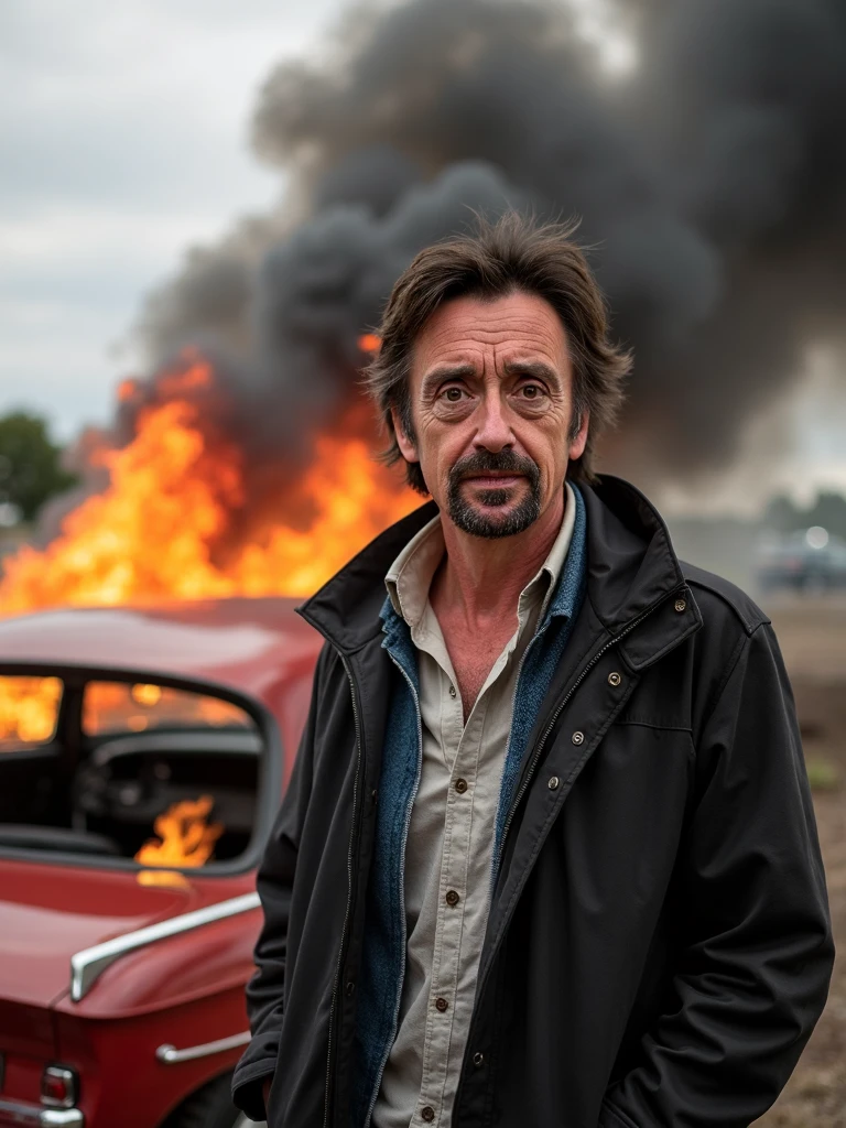 richardhammond, posing next to a burning car