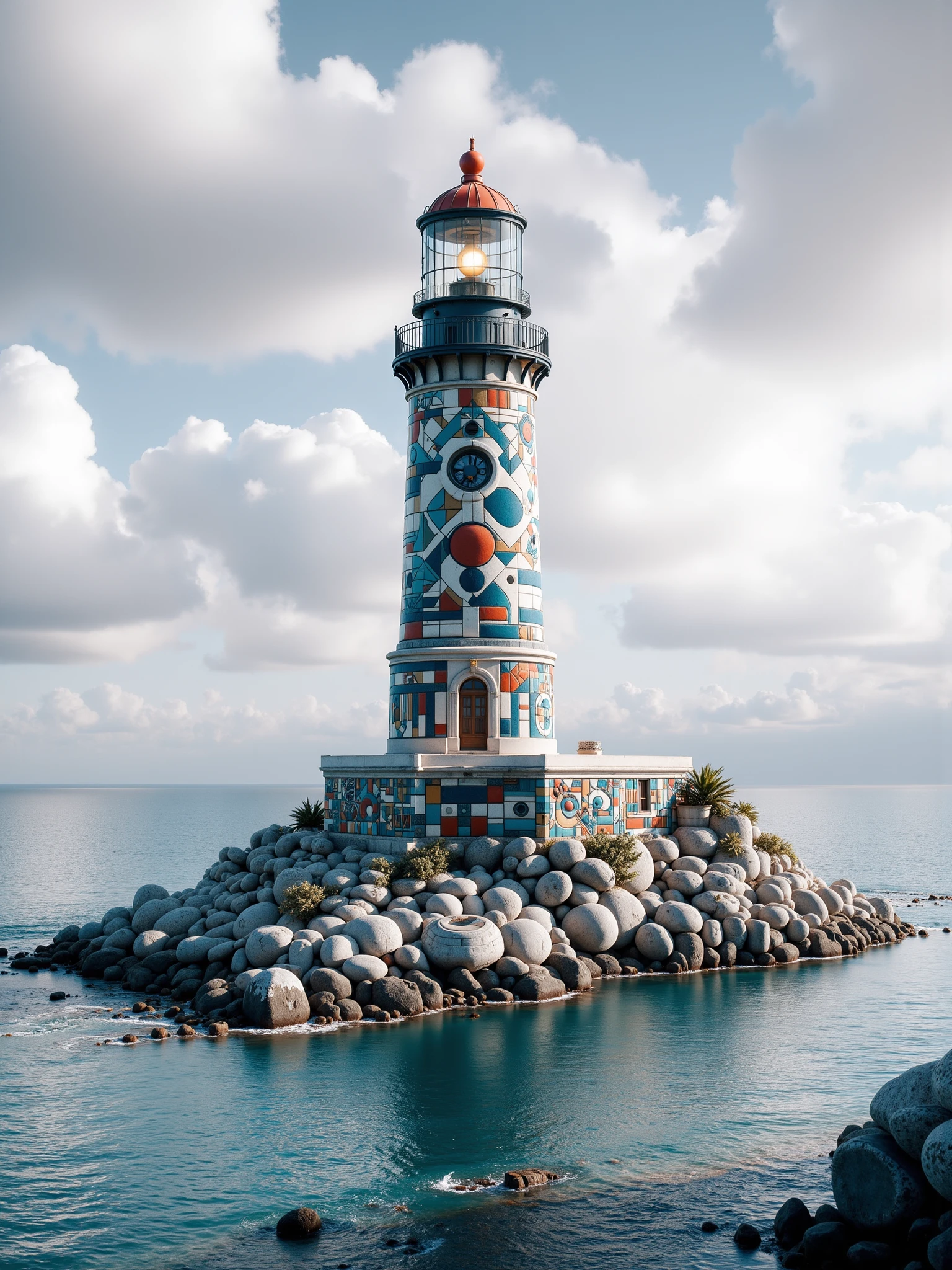 mad-clrflmsc_flux lighthouse on a rocky island in the clouds, haze, god rays <lora:colorful-mosaic-flux:1.2>