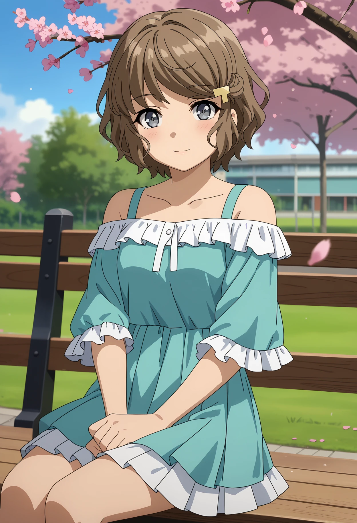 score_7_up, anime screencap, anime coloring,
<lora:SeishunButaYarou_KogaTomoeXL:0.8>,
1girl, solo, closed mouth, light smile, light blush,
wavy hair, short hair, brown hair, grey eyes, hairclip,
frilled dress, off-shoulder dress, aqua dress, pleated skirt, white skirt,
head tilt, sitting, looking at viewer, cowboy shot,
blurry background, outdoors, park, blue sky, cherry blossoms