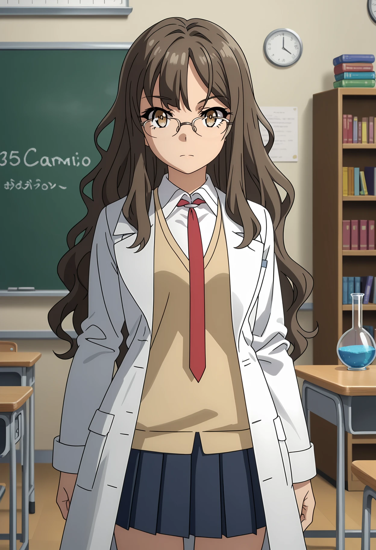 score_7_up, anime screencap, anime coloring,
<lora:SeishunButaYarou_FutabaRioXL:0.9>, FutabaRio,
1girl, solo, closed mouth,
long hair, brown hair, brown eyes, rimless eyewear,
lab coat, white coat, sweater vest, yellow vest, white shirt, red necktie, long sleeves, pleated skirt, grey skirt,
thigh gap, standing, looking at viewer, cowboy shot,
blurry background, indoors, classroom, bookshelf, chalkboard, flask