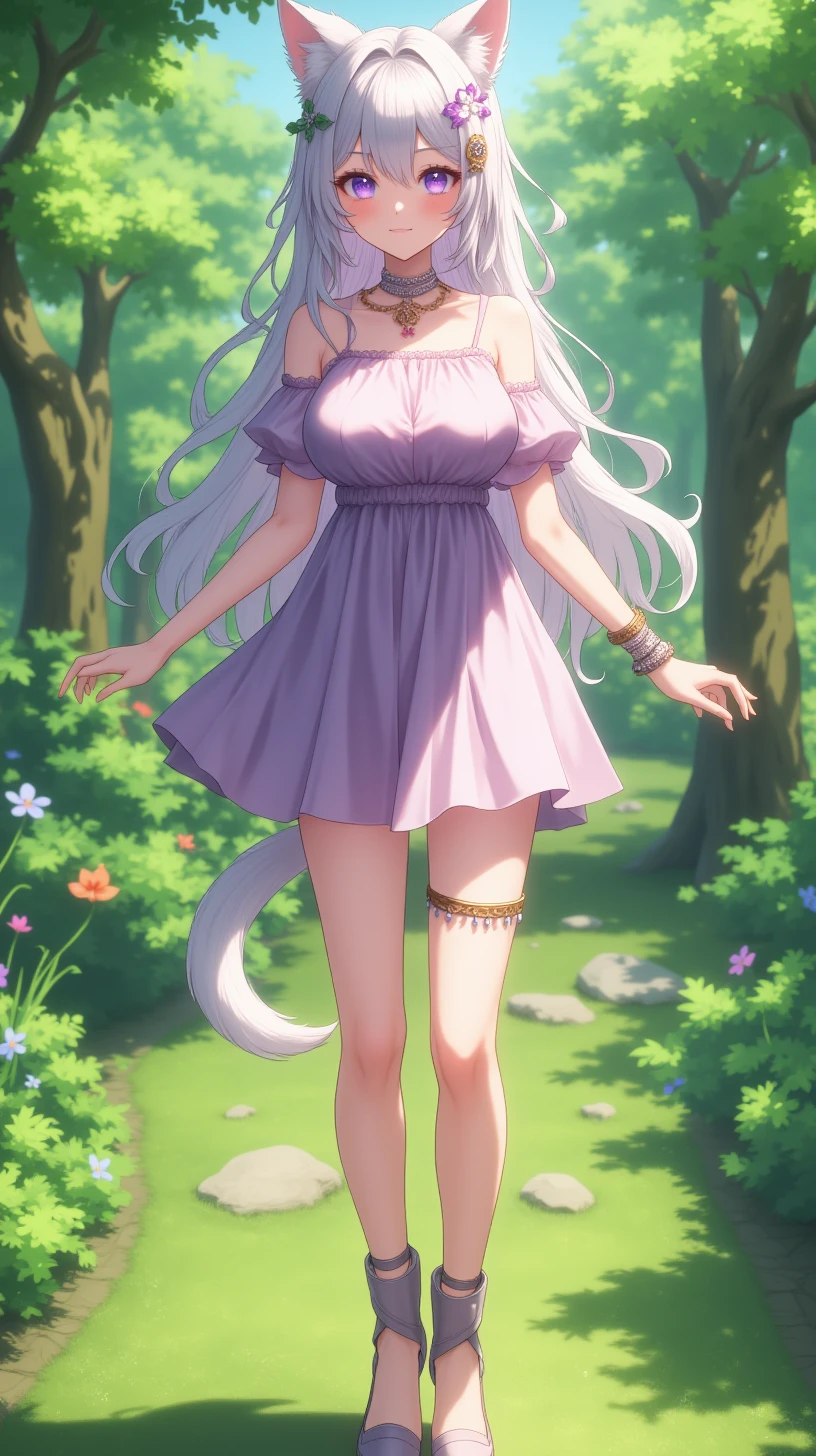 A Beautiful Neko Woman standing in a garden park.  She is wearing a spaghetti strap mini dress with high heel ankle boots.   She has long silver hair and purple eyes.   She has various accessories such as,choker,bracleets and hair ornaments.,