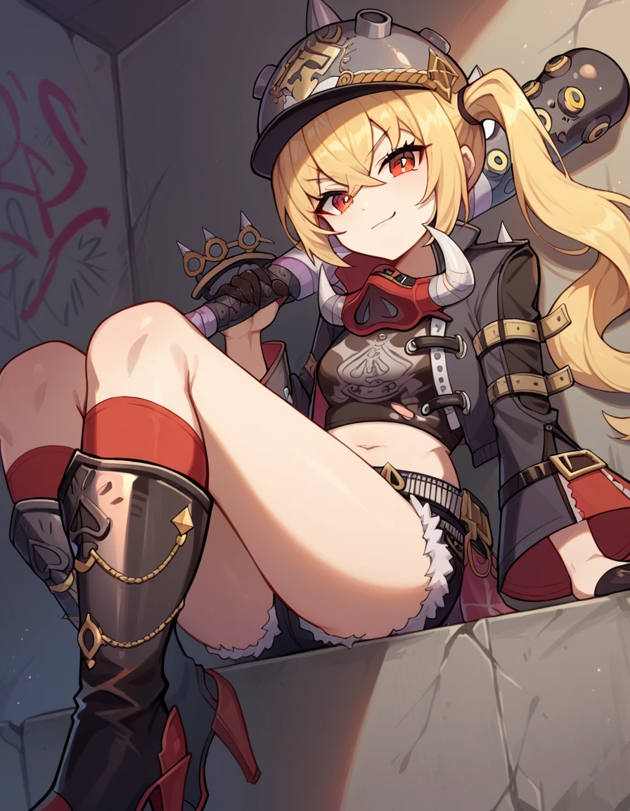 <lora:Gagaga_Girl-10:0.9>, gagaga girl, 1girl, solo, breasts, looking at viewer, large breasts, hat, bare shoulders, brown eyes, underwear, panties, thighs, boots, detached sleeves, food, white panties, phone, pantyshot, cellphone, candy, lollipop, duel monster, wizard hat