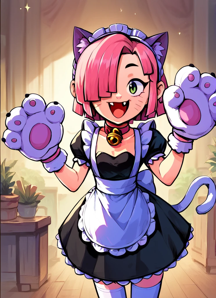 score_9, score_8_up, score_7_up  , <lora:pawlette:1> 1girl, human , pawlette ,animal ears, cat tail , pink hair,  hair over one eye, maid headdress,  bracelet  ,necklace,  neck bell,  maid,  short dress,  White Stockings , paw gloves,solo  ,   smile , open mouth,  ,fang , <lora:Aer0Zer0_Artist_Style:1>aerozerorisk