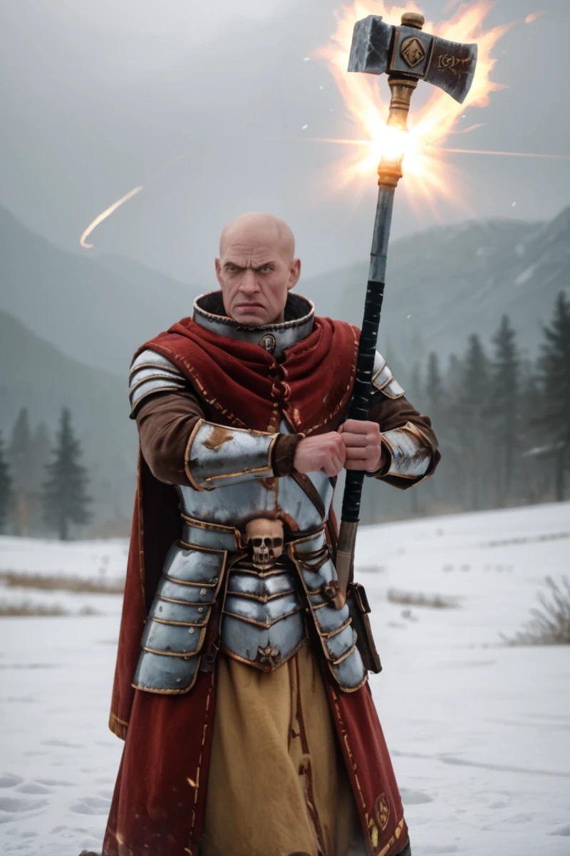 source_realistic, photorealistic snowfield, snow, serious expression <lora:Warrior_Priest_of_Sigmar_Mark_of_Chaos-000008:0.8> upper body, w4rr1orpr1st, bald male, standing, shouting, (swinging weapon, attacking:1.3), horizontal hold, armor, yellow and white robes, capelet, gold trim, metal collar, holding war hammer, magic glowing war hammer, skull symbol, wrinkles, wizened., PonyXL_Scores, PonyXL_HQ, <lora:StS_detail_slider_v1:1>