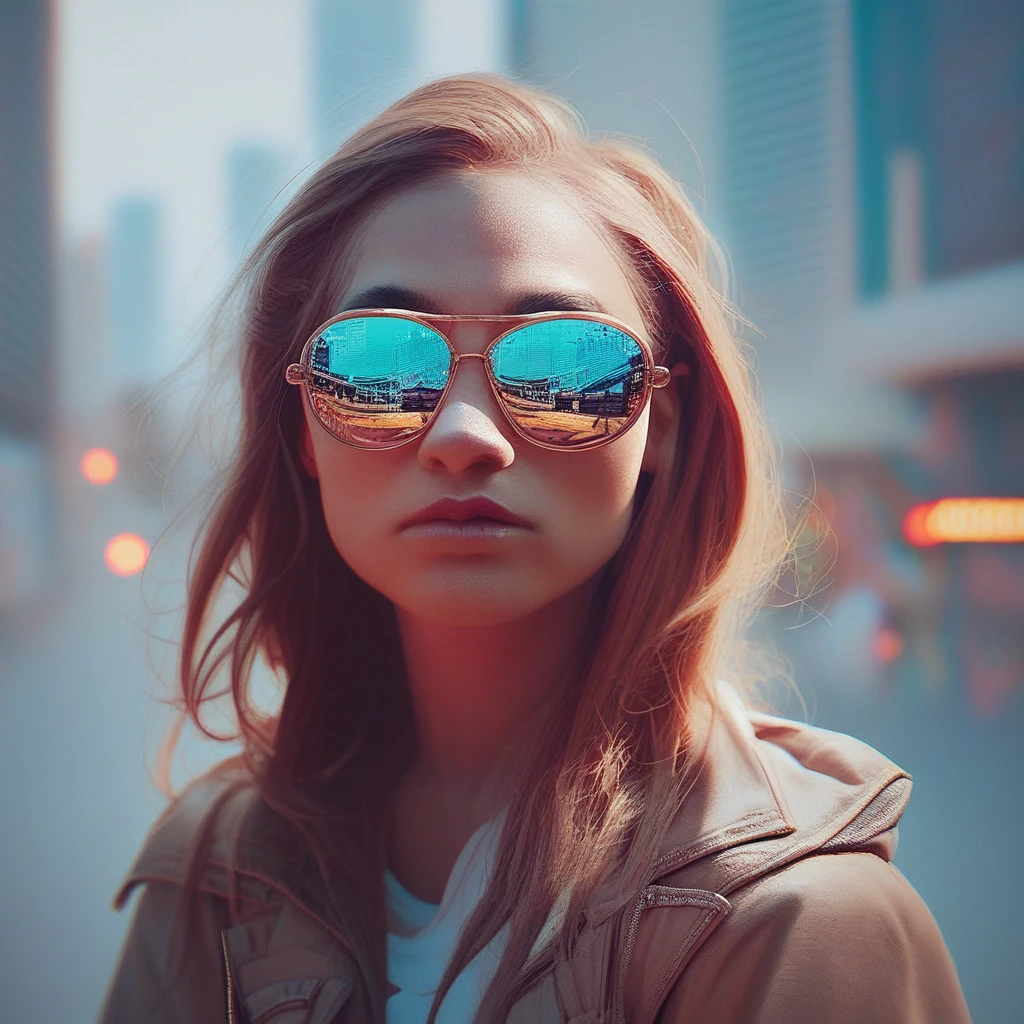 score_9, score_8_up, score_7_up, 1girl, solo, mirrored sunglasses. sunglasses, reflection, face closeup, city,