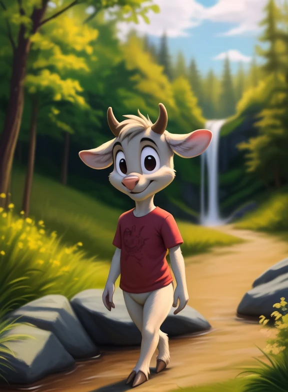 <lora:VinnieDeerLonTooYif:1> VinnieDeerLonToo, Deer, chibi, creamy fur, small antlers, brown hooves, pink nose, red t-shirt,( chibi, small body, )
Looks at the viewer, [  solo, (nature), forest, day, clouds, waterfall,  smile,]  (walking, view from above,)
(beautiful, aesthetic, perfect, delicate, intricate, saturated colors), masterpiece, digital drawing, best quality,
[by personalami], by smitty g, [[[by Foxovh]]], [[by Ross Tran]]