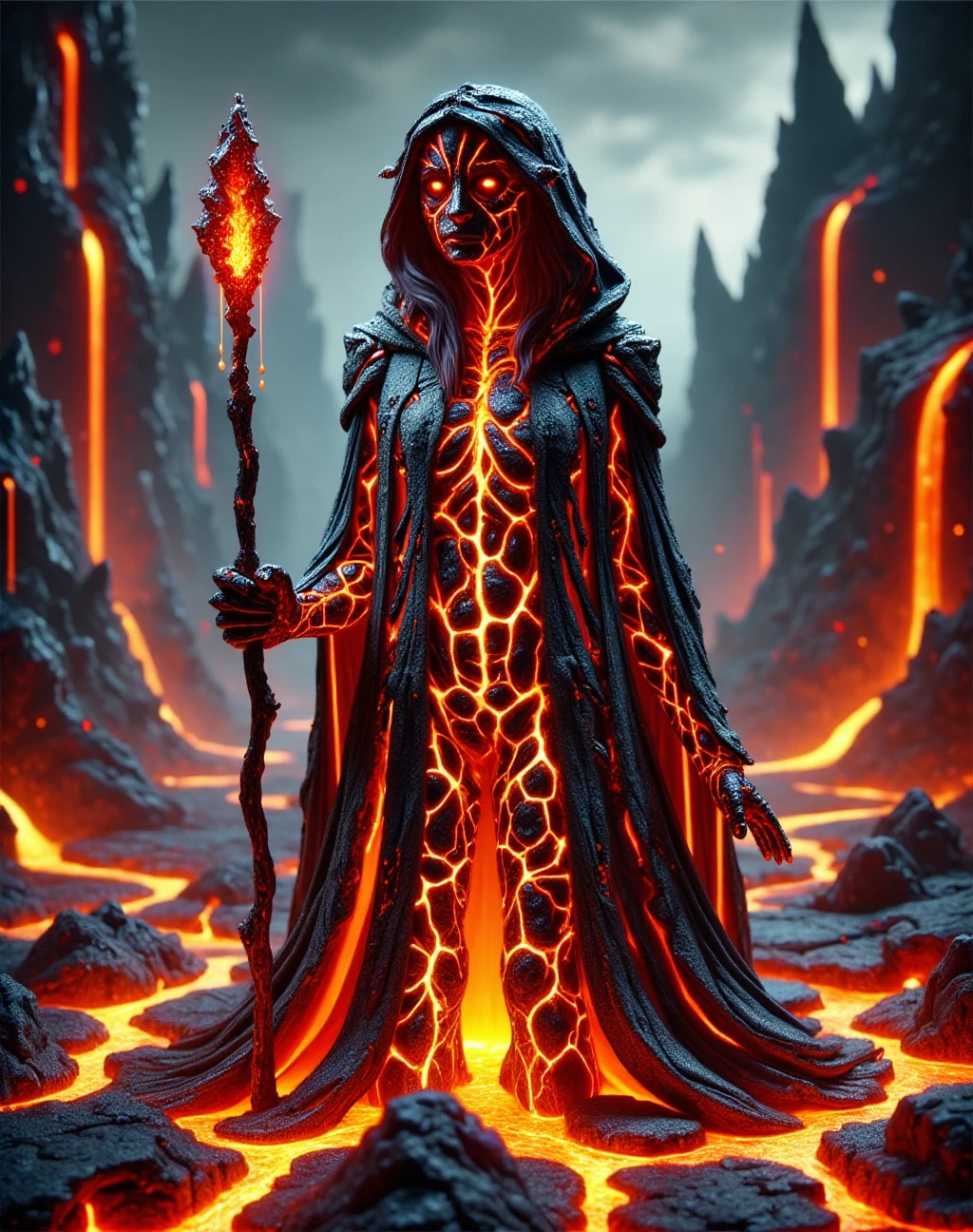 llava_style, A powerful sorceress made of molten lava and volcanic rock stands in the center of a glowing, fiery landscape. Her skin is cracked, with glowing molten veins running through her body. She is wearing a cloak of flowing lava that glows brightly against the dark volcanic landscape. In one hand, she holds a staff forged from molten rock, with lava dripping from its tip. Her eyes burn like molten embers, and her hair is made from flowing lava tendrils. Around her, lava flows through cracks in the ground, and molten embers fill the air, creating an intense and magical atmosphere, fantasy, high quality cgi