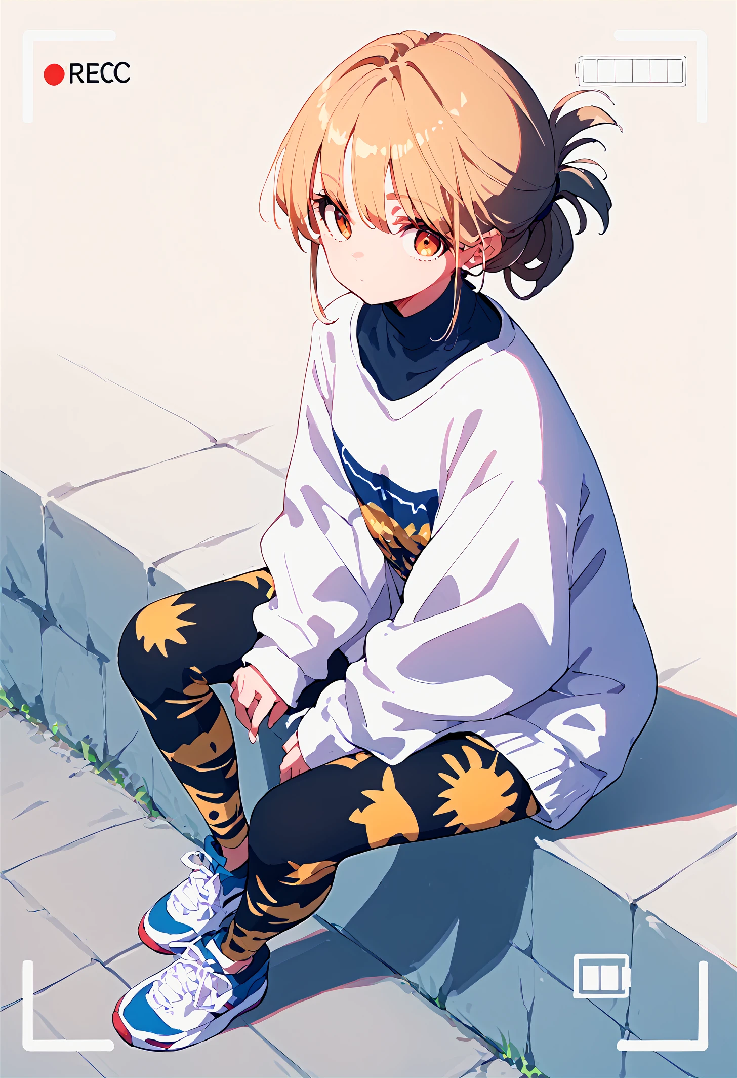 score_9,score_8_up,score_7_up,source_anime,1girl,solo,folded ponytail,Oversized sweater,printed leggings,sneakers,looking at viewer,anime coloring,viewfinder,dynamic_angle,