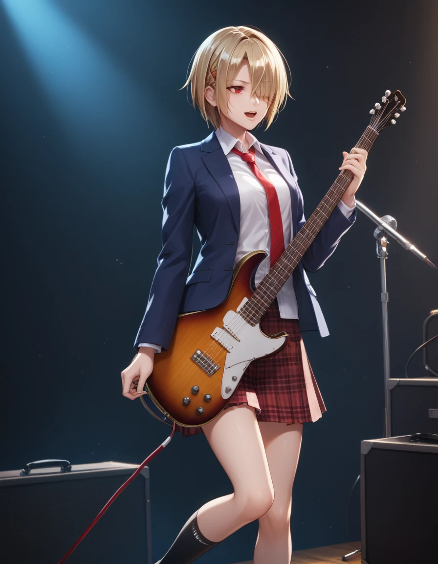 score_9, score_8_up, score_7_up, source_anime, <lora:ruka_PonyXL_V1:.8>ruka, school uniform, blazer, blue jacket,  white shirt, necktie, brown miniskirt, pleated skirt, plaid skirt, black socks, blonde hair,  short hair, red eye, hair coverd one eye, medium breasts, on stage, playing guitar, singing