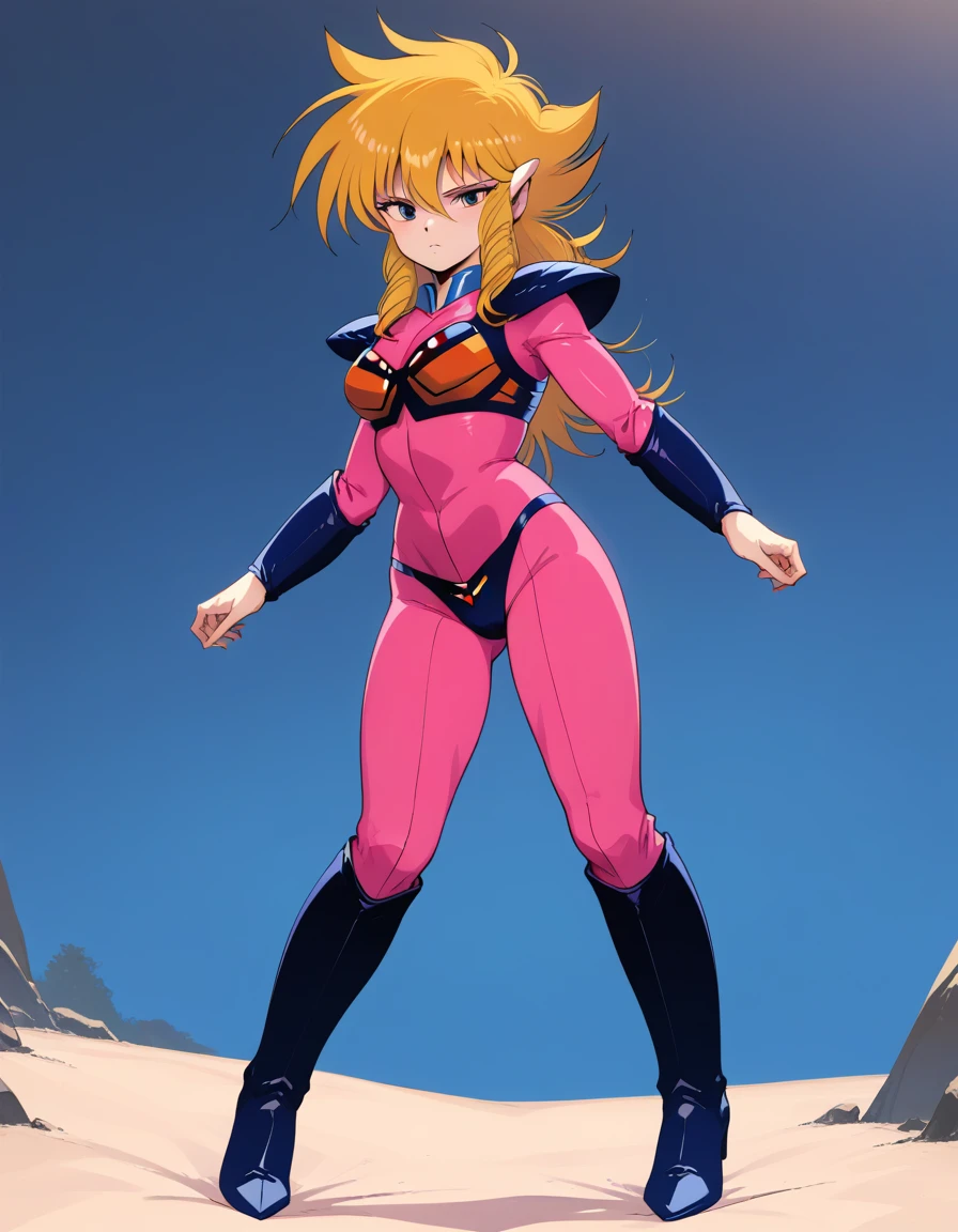 <lora:iczer1_Pony_XL_V1:1>iczer1, beam from hand, pink body suit, arm guards,  bikini armor, armor light indicator, kneehigh boots