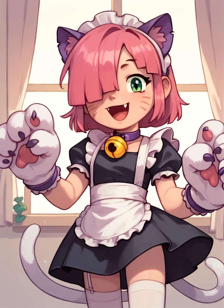 score_9, score_8_up, score_7_up  , <lora:pawlette:1> 1girl, human , pawlette ,animal ears, cat tail , pink hair,  hair over one eye, maid headdress,  bracelet  ,necklace,  neck bell,  maid,  short dress,  White Stockings , paw gloves,solo  ,  <lora:PossumMachine:1>posmach  , smile , open mouth,  ,fang