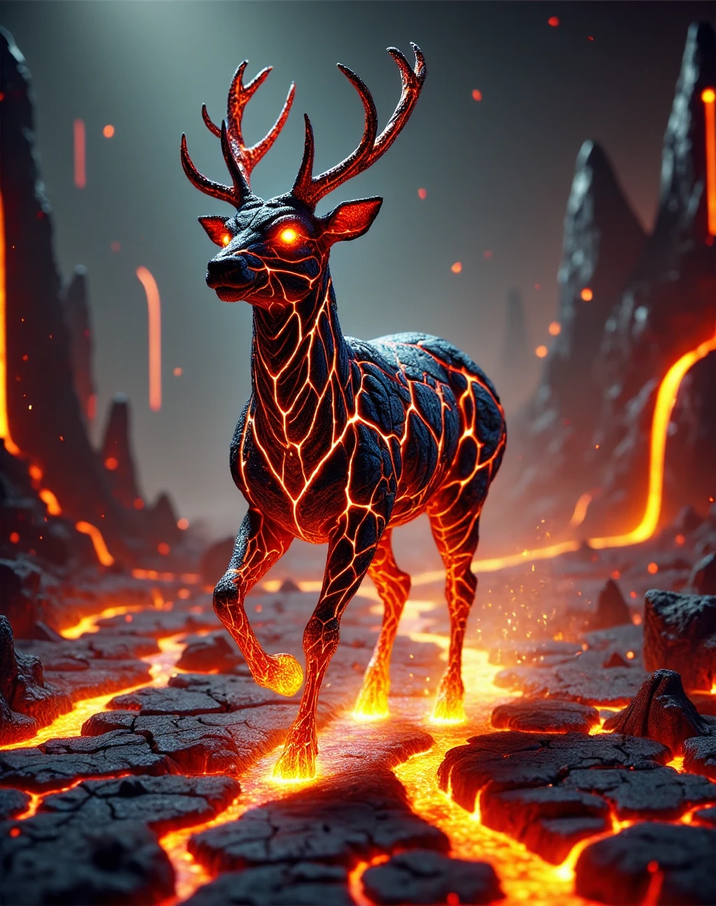 llava_style, A powerful deer made entirely of molten lava and volcanic running through a harsh, molten landscape filled with rivers of flowing lava and jagged volcanic rock formations. The deer’s body glows with fiery veins of molten lava that pulse through its cracked volcanic stone skin. As it runs, its hooves leave glowing trails of molten rock on the scorched ground. The environment around the deer is alive with intense heat, with molten lava streams snaking through the jagged landscape, and embers floating through the smoky air. The sky is dark, filled with volcanic ash and glowing embers, as the ground cracks open to reveal glowing lava beneath the surface. The deer’s molten eyes burn brightly, casting a warm glow across the molten landscape as it moves gracefully through the fiery, molten environment, surrounded by intense heat and glowing lava., fantasy, high quality cgi