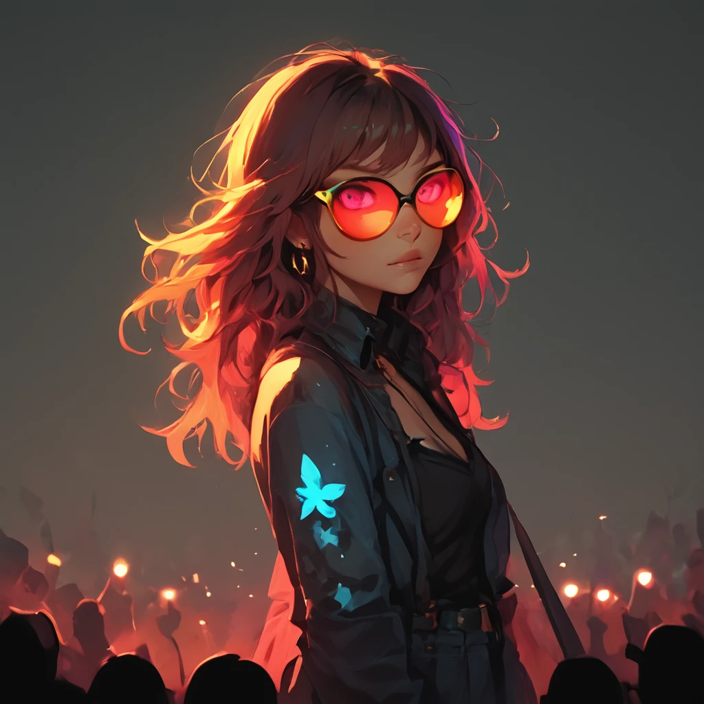 score_9, score_8_up, score_7_up, FFDAC, 1woman, glowing red sunglasses, at a theater for a concert