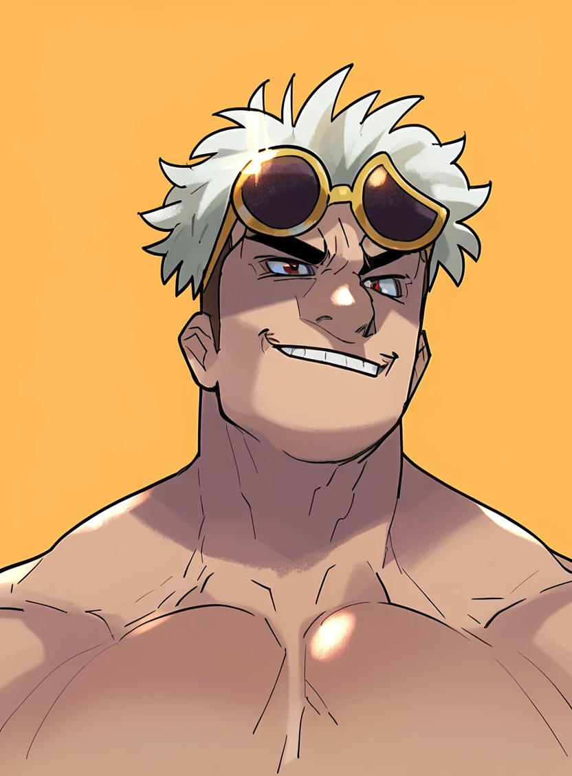 solo, 1boy, male focus, muscular male, masculine male
, guzma (pokemon), shirtless, close-up, portrait shot, sunglasses, smirk, detailed face
, <lora:r-d:1>, <lora:Guzma_Pokemon:1>, score_9, score_8_up,