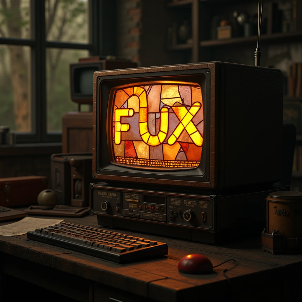 detailed cinematic dof render of an stainedglassstyle, stained glass old dusty detailed CRT monitor on a wooden desk in a dim room with items around, messy dirty room. On the screen are the letters “FLUX” glowing softly. High detail hard surface render 