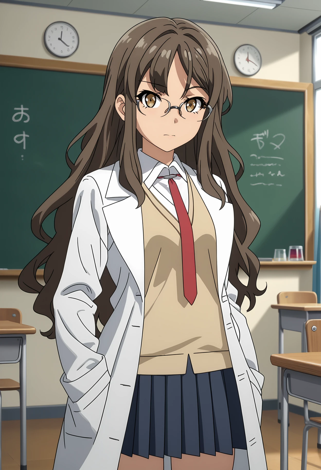 score_7_up, anime screencap, anime coloring,
<lora:SeishunButaYarou_FutabaRioXL:0.9>, FutabaRio,
1girl, solo, closed mouth,
long hair, brown hair, brown eyes, rimless eyewear,
lab coat, white coat, sweater vest, yellow vest, white shirt, red necktie, long sleeves, pleated skirt, grey skirt,
thigh gap, standing, looking at viewer, cowboy shot,
blurry background, indoors, classroom, bookshelf, chalkboard, flask