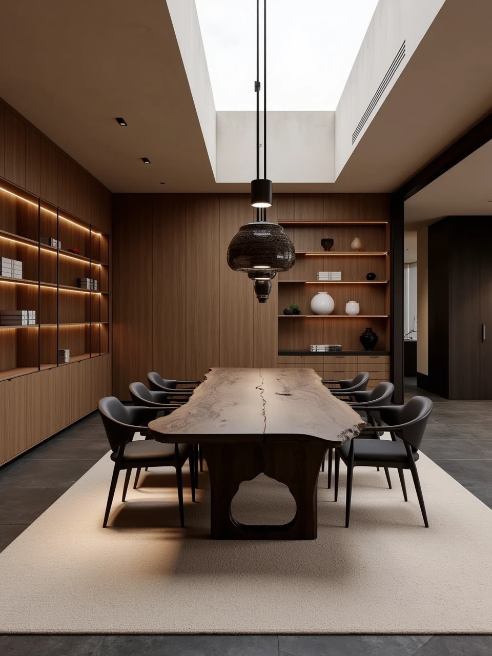 The image shows a modern and luxurious dining room with a large wooden table in the center. The table is **** of dark wood and has a unique design with a curved top and a long,rectangular base. It is surrounded by six black chairs with a modern design. On the left side of the table,there is a large bookshelf with multiple shelves filled with books,vases,and other decorative items. The shelves are arranged in a way that creates a sense of depth and dimension.,
The room has a high ceiling with a skylight,allowing natural light to enter the space. The floor is covered with a beige area rug,and there are several pendant lights hanging from the ceiling. The walls are **** of wood,and the floor is tiled in a dark grey color. The overall aesthetic of the room is elegant and sophisticated.,