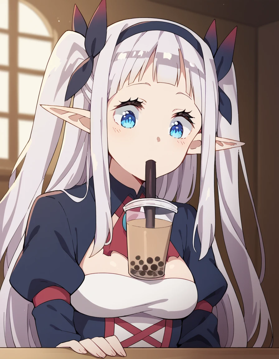 score_9, score_8_up, score_7_up, source_anime, <lora:rurushi-ru-s1-ponyxl-lora-nochekaiser:1>, rurushi ru, long hair, blue eyes, hairband, pointy ears, two side up, white hair,, <lora:bubble-tea-challenge-ponyxl-lora-nochekaiser:1>, bubble tea challenge, bubble tea, object on breast, drinking straw, drinking straw in mouth, drinking, cup,, indoors, sitting, looking down, , cowboy shot, dutch angle