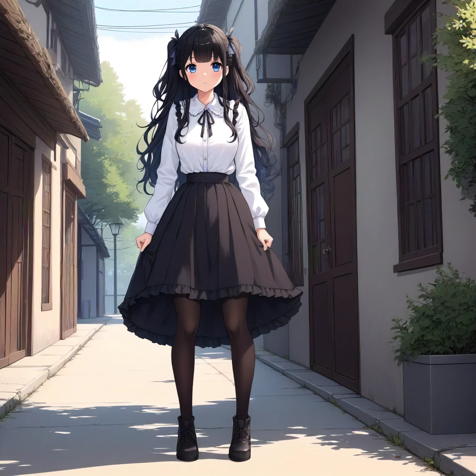 <lora:JJtYM_YusaXL001>,
outdoors,
solo,
Yusa,1girl,black hair,long hair,two -side up,blue eyes,
white shirt,frilled_shirt,
high west skirt,black skirt,
pantyhose,
full body,standing,