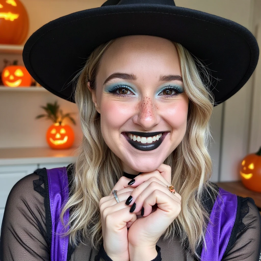 A photo of a woman. The photo includes her entire body. She is wearing black lipstick. She has bold black eyeliner. She has pastel blue eyeshadow. She is smiling. She is looking directly into the camera. She has a natural skin texture. The skin is very detailed including skin pores. She has black nail polish. She has faint freckles across her nose and cheeks. There is a touch of blonde in her hair.
She is wearing a witch hat. There are glowing pumpkin carvings in the background. Her hands are out of frame.