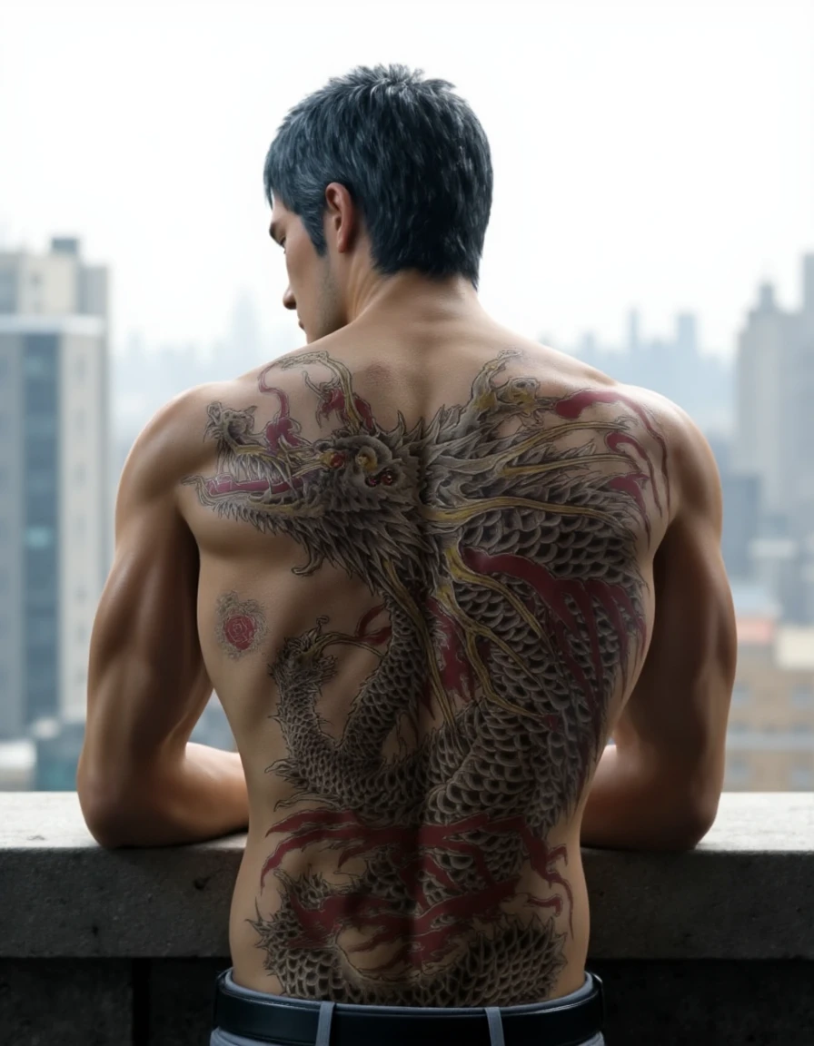 <lora:Kazuma_Kiryu_IW:1> Shirtless Kazuma Kiryu showing dragon tattoo on his back while (looking at the camera:3.0). The background implies a skyscraper's rooftop.