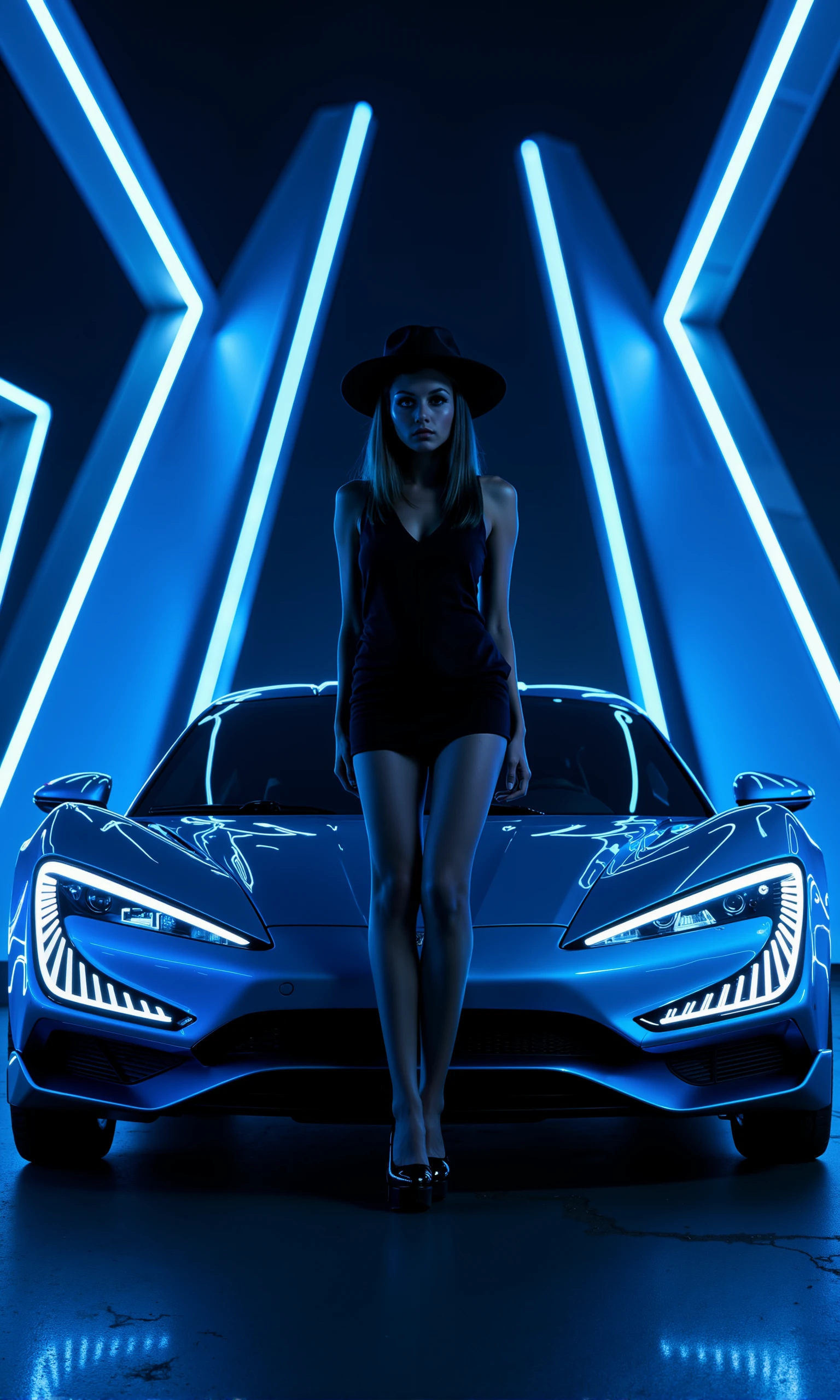 BYD, stylish twiggy woman in a chic outfit — a short skirt, high heels, and a wide-brimmed hat — leaning provocatively against the front of a sleek, futuristic BYD U9 hypercar. The setting is a nighttime urban environment with striking architectural features, including angular, illuminated beams in the background. The scene is bathed in cool blue lighting, highlighting the glowing headlights of the BYD U9 and the woman’s silhouette, giving off an alluring and modern vibe. The mood is edgy and fashionable, with reflections of city lights glistening on the car's glossy surface.