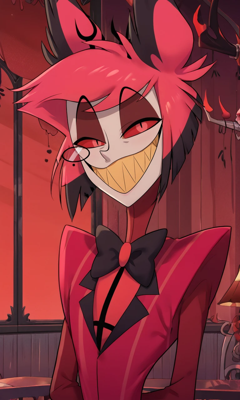 detailed man face, score_9, score_8_up, score_7_up, score_6_up, score_5_up, score_4_up, alastor_hh, alastor \(hazbin hotel\), solo, red theme, 1boy, red eyes, bow, smile, looking at viewer, evil smile, grin, short hair, bowtie, horror, (theme), teeth, extra eyes