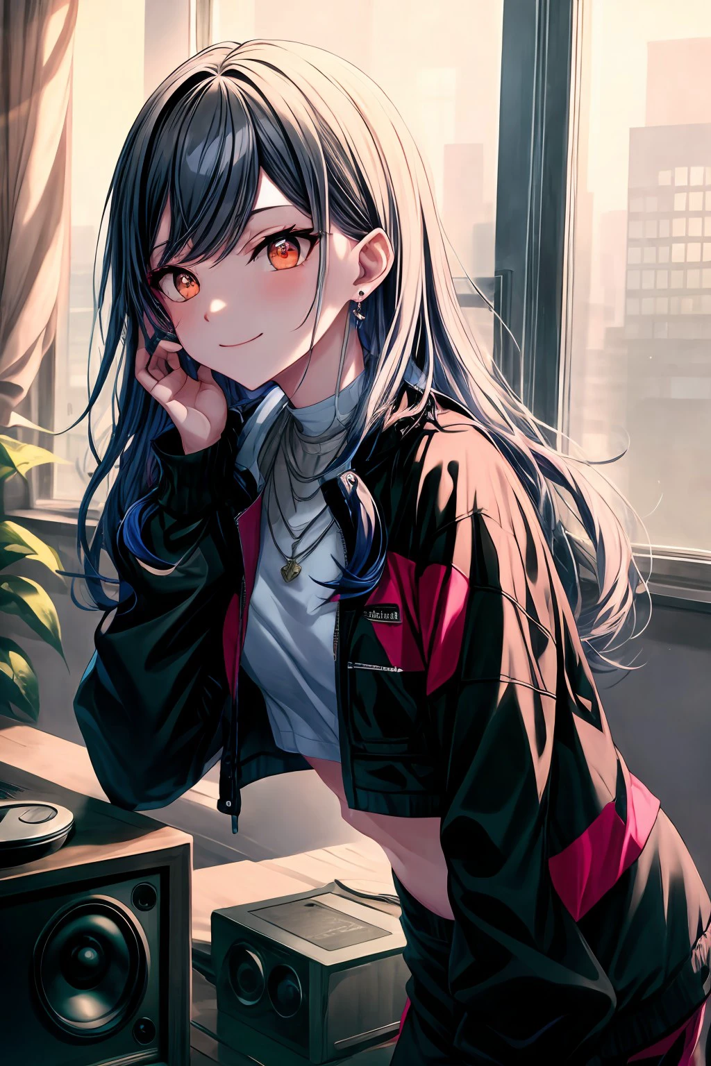 (masterpiece), best quality, expressive eyes, perfect face, shiraishi_an, looking at viewer, smile, shirt, red eyes, long sleeves, jewelry, closed mouth, jacket, white shirt, flower, short sleeves, earrings, open clothes, midriff, pants, indoors, hand up, necklace, nail polish, black jacket, crop top, fingernails, window, leaning forward, swept bangs, floral print, backlighting, blue flower, hair behind ear, layered sleeves, short over long sleeves, speaker, <lora:2a82a2e5-0f1a-46a2-abe9-35b378f754b3:0.7>, <lora:more_details:0.7>