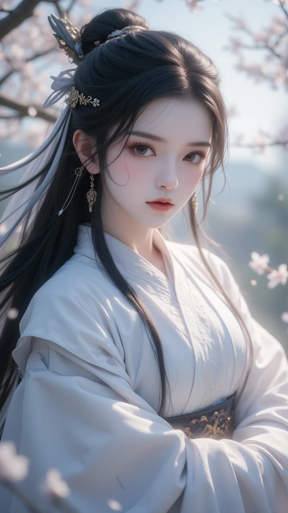 gufeng,1girl,full body,long hair,solo,jewelry,earrings,blurry background,upper body,black hair,blurry,spring,closed mouth,lips,facing viewer,ribbon,hanfu,tree,