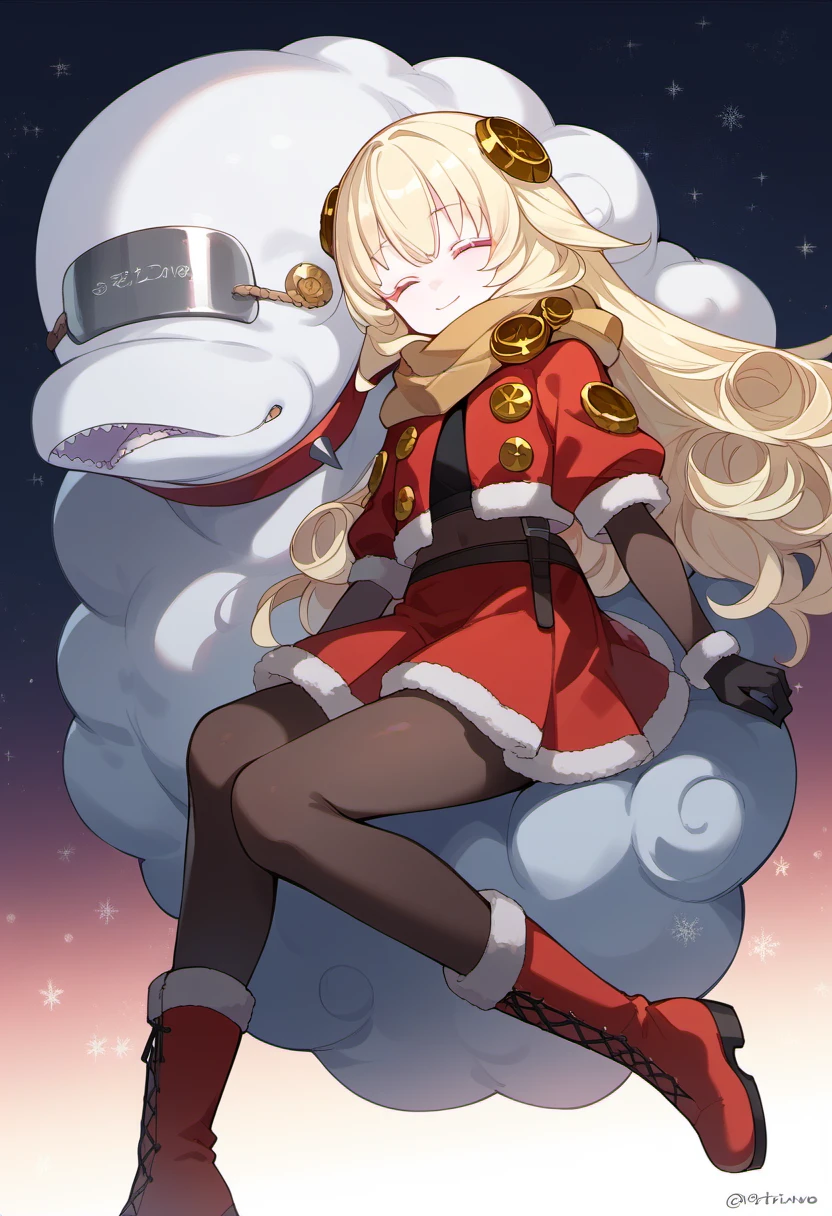 score_9, score_8_up, score_7_up, source anime, warg, 1girl, long hair, blonde hair, pantyhose, red footwear, gloves, closed eyes, sheep, smile, scarf, fur trim, black gloves, boots, twitter username, dated, closed mouth, sitting, black pantyhose, fur-trimmed boots, belt, signature, santa boots, hair ornament, two tone eyes, santa costume, red cropped jacket, red skirt, white dolphin, <lora:warg-xl-pony-v1-000005:1>,