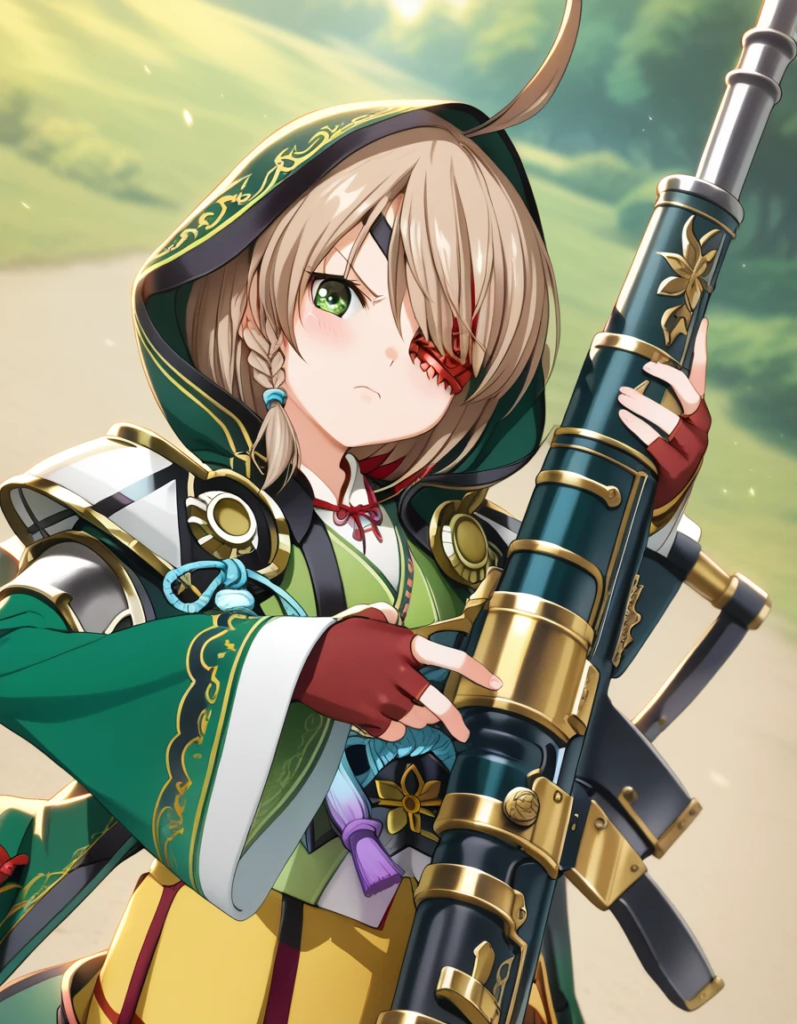 yamamoto_kansuke(sengoku_otome), green eyes, ahoge, brown hair, braid, eyepatch,
hood, armor, green detached sleeves, fingerless gloves, yellow skirt, pleated skirt, black pantyhose, boots,
sniper rifle,holding gun,
<lora:yamamoto_kansuke(sengoku_otome)_pony_v1:1>, 
standing,fighting_stance
closed mouth, blush,serious
looking at viewer,(upper body, close-up,:1.3),, score_9, score_8_up, score_7_up, BREAK source_anime, best quality, masterpiece,very aesthetic, zPDXL2,official art,detailed_eyes,1girl, solo,