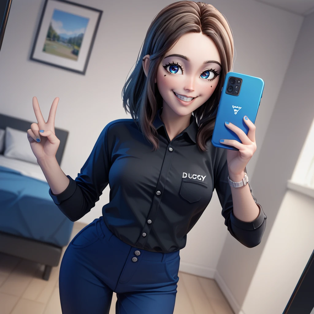 score_9, score_8_up, score_7_up, 1girl, solo, uncensored,  <lora:SamsungSamXL_v1.0:1> samsungsam, smile, taking picture, selfie, holding phone, peace sign, black shirt, blue pants, dutch angle, indoors, white room, modern, simple background