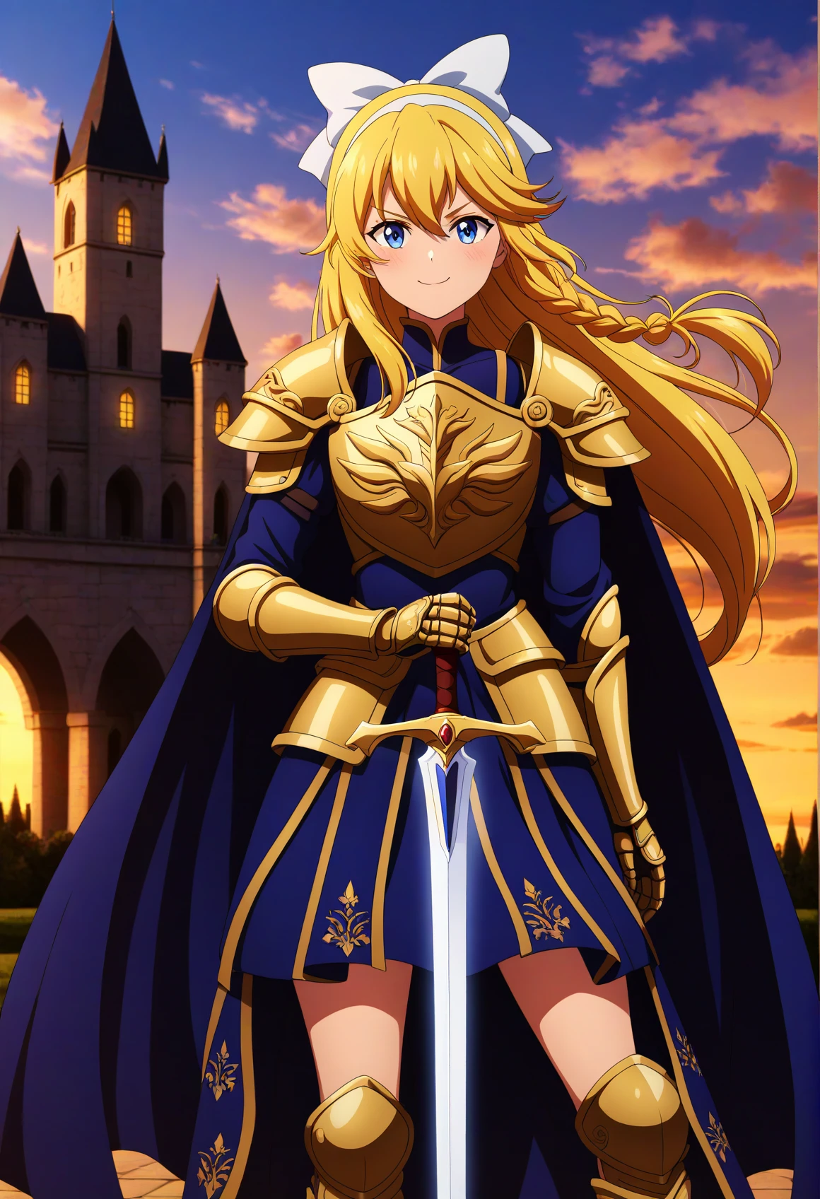 masterpiece, best quality, great quality, good quality, very aesthetic, absurdres, megami magazine, explicit, nsfw, sensitive, newest BREAK
1girl, armor, blue cape, weapon, solo, armored dress, long hair, sword, blonde hair, blue eyes, gauntlets, holding weapon, shoulder armor, holding, knight, holding sword, fantasy, outdoors, sheath, day, white hairband, looking at viewer, smile, sky, cape, hairband, blue sky, braid, dress, body armor, sheathed, blush, faulds, cloud, bow, bangs, hair bow, ready to draw, very long hair, closed mouth, standing, white bow, castle, pauldrons, blue dress, gold armor, holding sheath, cloudy sky, hair between eyes, floating hair, v-shaped eyebrows, sidelocks, breastplate, feet out of frame, unsheathed, hair intakes
BREAK
Rim Lighting, Subsurface Scattering, Chromatic Aberration, Bokeh, Volumetric Lighting, Bloom, Soft Bounced Lighting, Soft Natural Lighting, Hard Shadows, Soft Shadows BREAK
dewy skin, perspiration on the skin,skin texture, fine lines, pores, natural imperfections,light reflections, glossy skin, shiny skin, megami magazine BREAK