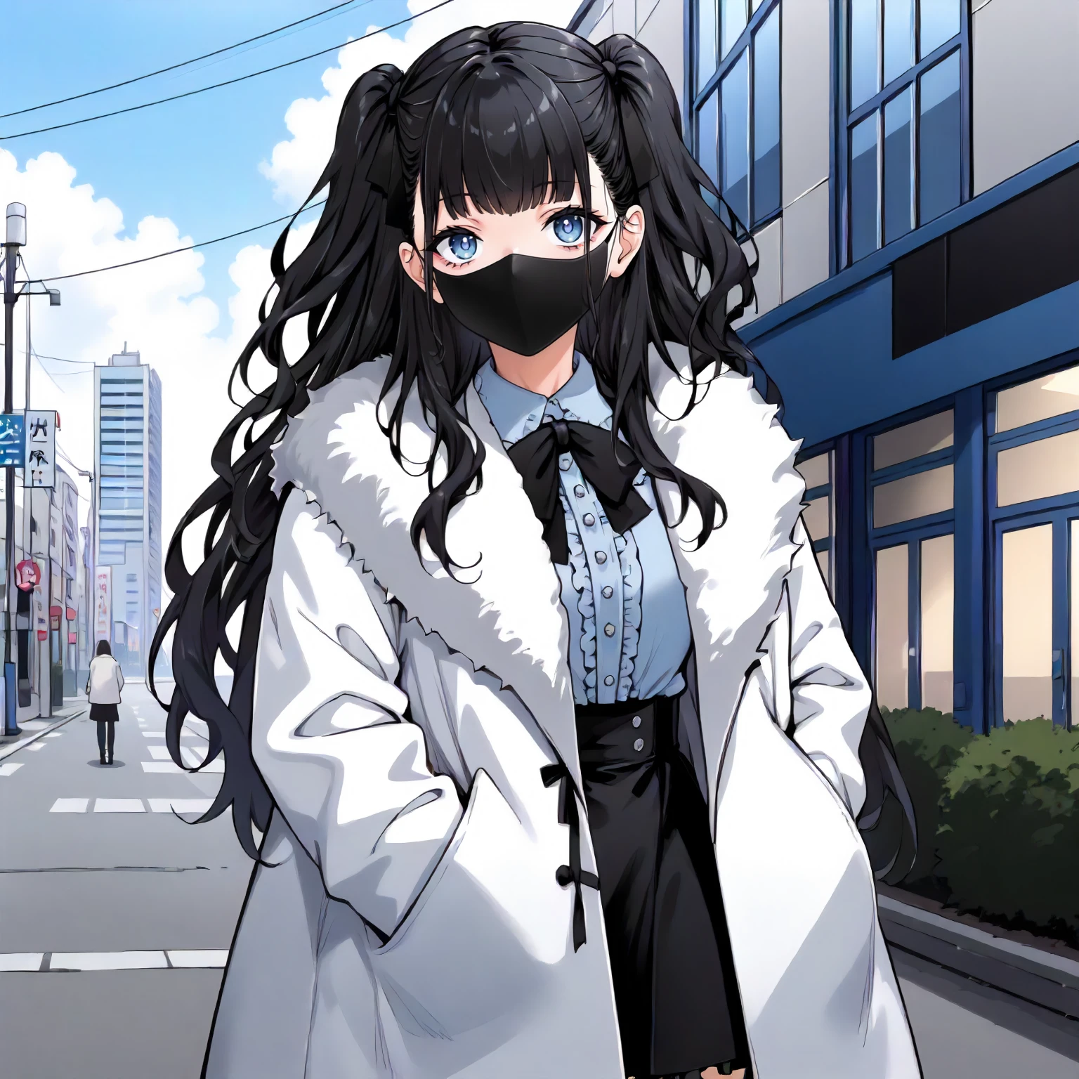 <lora:JJtYM_YusaXLpony002>,
outdoors,
solo,
Yusa,1girl,black hair,long hair,two -side up,blue eyes,
black mask,
white coat,fur coat,white shirt,frilled_shirt,
high west skirt,black skirt,
standing,