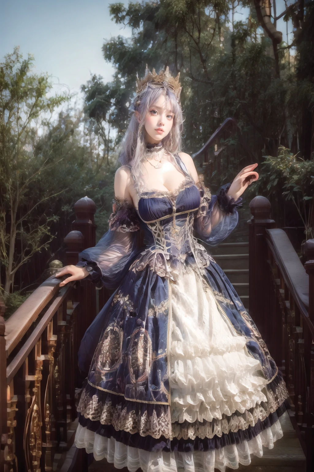 (masterpiece, best quality:1.2),illustration,8k,hd,1 girl,very long hair,standing,solo,(POV, looking at viewer,cowboy shot:1.2),(silver hair:1.2),cxzg,dress,cyan dress,tiara,detached sleeves,jewelry,necklace,frills,lace,cross-laced clothes,crown,big breasts,(cleavage:1.4),(bouncing breasts:1.2),(NSFW:1.2),(garden, outdoors :1.4),(European princess:1.3),