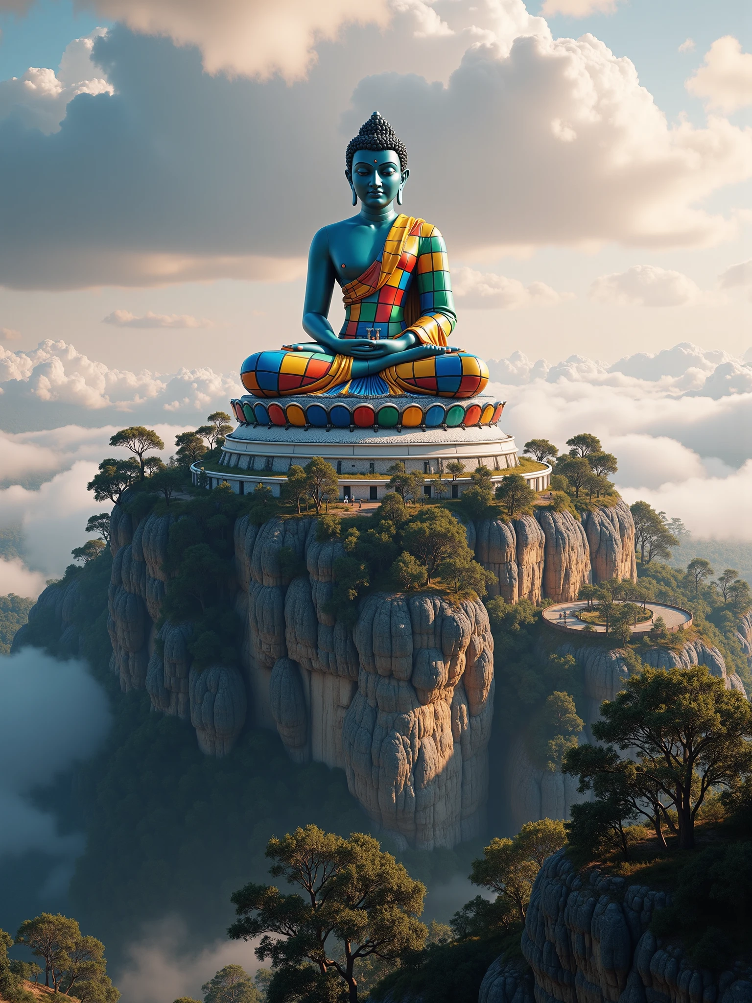 mad-clrflchckr buddha in a temple on a mountain, haze, clouds, dawn, sunbeams  <lora:colorful-checker-flux:1.0>