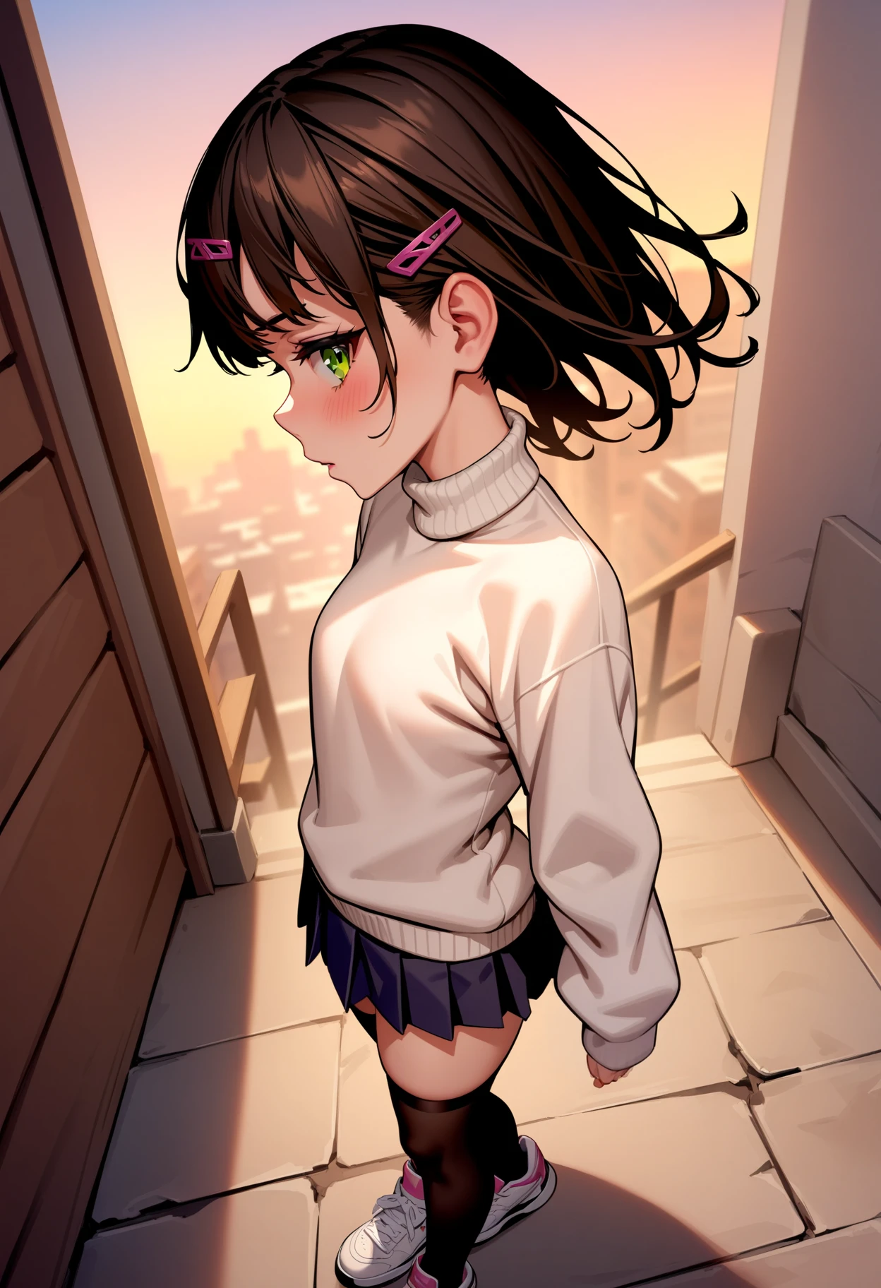 masterpiece,best quality,very aesthetic,absurdres,
1girl,
<lora:Shoujo_v1+2:1>,shoujo02,hairclip,white sweater,white turtleneck sweater,pleated_skirt,zettai ryouiki,black_thighhighs,sneakers,<lora:Fixhands_anime_bdsqlsz_V1:1>,city,dusk,light_blush,walking,cowboy_shot,from_above,from_side,looking_at_viewer,profile,, masterpiece,best quality, very aesthetic, absurdres, ultra detailed, high resolution, 4k, extremely detailed CG,