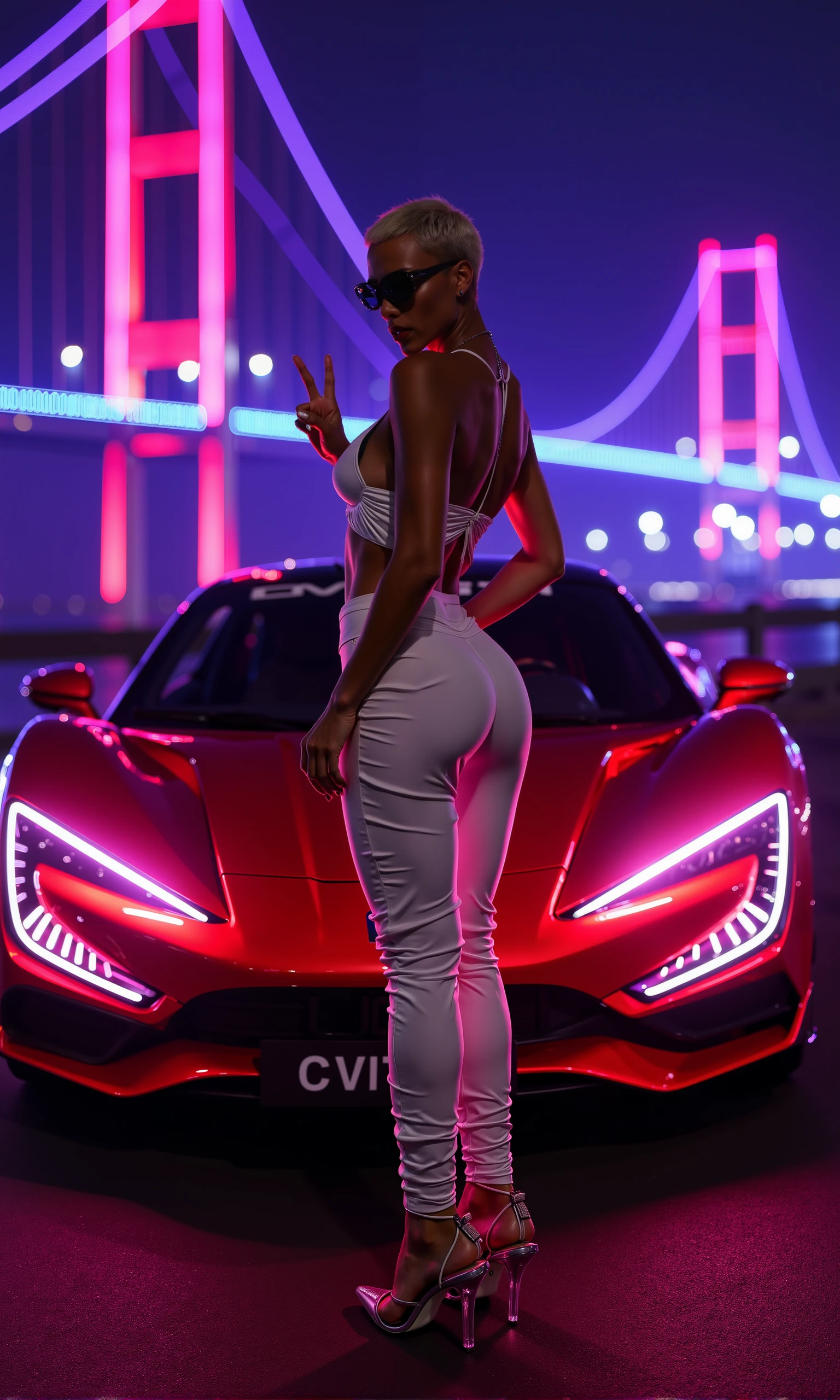 BYD,An edgy model stands confidently in front of a sleek, red BYD U9 hypercar at night, bathed in vibrant neon lights from a futuristic bridge in the background. She’s wearing a daring, form-fitting outfit: a strappy white crop top and high-waisted ruched pants that hug her curves, with clear high heels that catch the neon glow. The model has short, platinum blonde hair, sunglasses, and exudes bold energy, flashing a peace sign with one hand while glancing back over her shoulder at the camera. The lighting creates a dramatic silhouette around her, with the red BYD U9's headlights glowing brightly. The car’s number plate reads 'CIVIT,' and the scene is infused with a neon-lit, futuristic atmosphere.