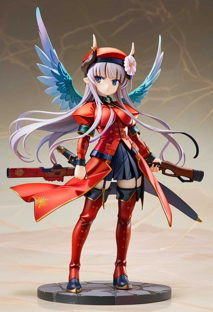 score_9, score_8_up, score_7_up, source anime, la hawzel, 1girl, solo, horns, blue eyes, weapon, thighhighs, wings, pointy ears, long hair, gun, full body, red beret, boots, standing, grey hair, red military unifom, shoulder armor, hair flower, long skirt, <lora:la_hawzel-xl-pony-v1:1>