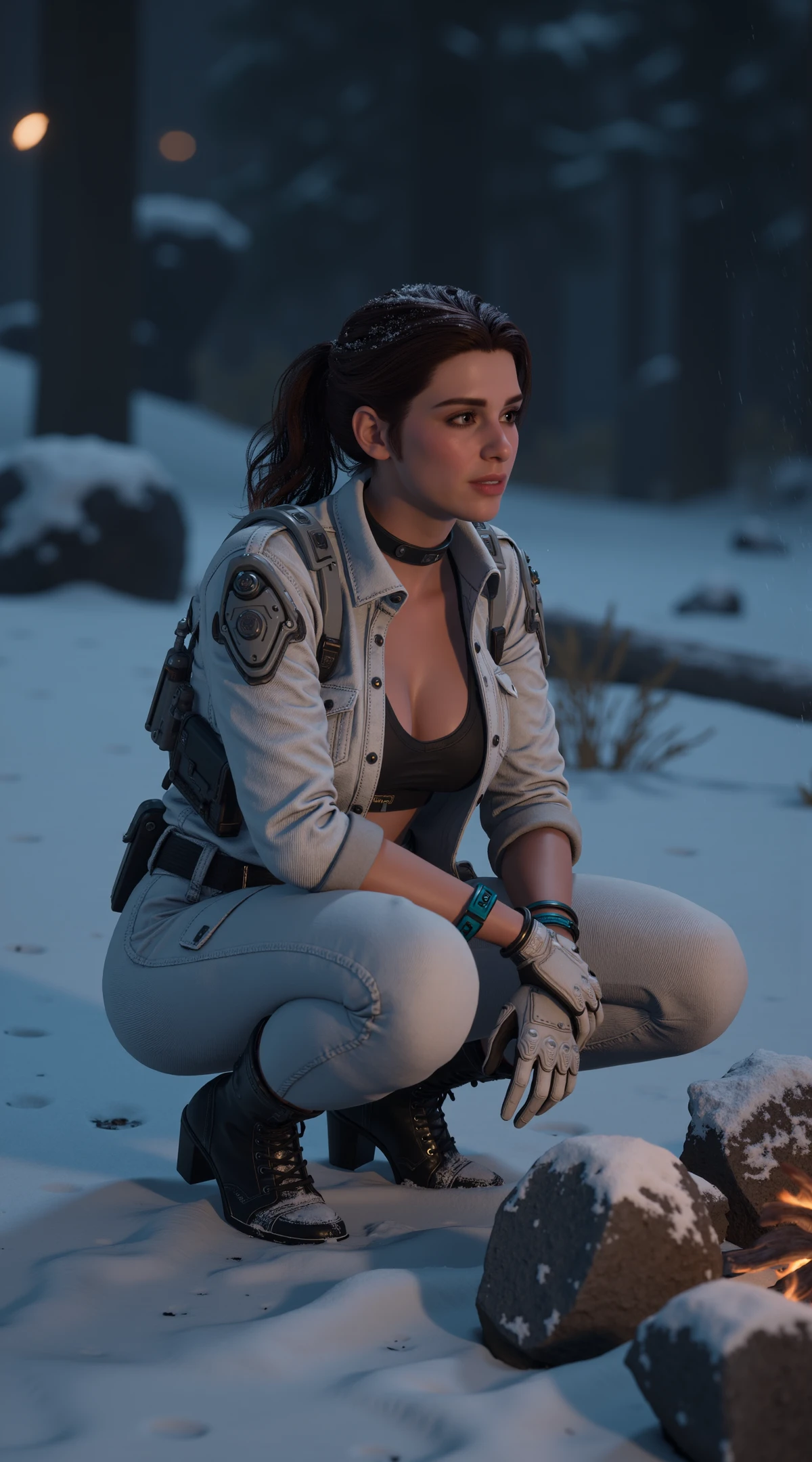 realistic cinematic film still of TFD-Hailey-Default, a woman with brown hair tied back in a low ponytail. She is sitting down in the snow next to a campfire at winter at night while hugging her knee, crouching. The snowfall is covering her hair and clothes in snow. Her mouth is open and her warm breath is visible in the cold air. There are rocks and small brown bushes in the snow. There are snowy trees. There are footprints in the snow. It is snowing which has made her shoulders, boots and hair have lots of snow on top. She is looking to the side away from the viewer.
She is dressed in a form-fitting, white, high-tech military outfit with a futuristic tactical design. The suit has a buttoned-up jacket that slightly open to reveal a black sports bra with metal clasp underneath. The jacket features shoulder pads and multiple pockets. The suit is paired with matching white pants that have a slight sheen, indicating a synthetic material. The suit features a high-waisted design that accentuates her hips and thighs.
The character is accessorized with several gadgets and devices. On her left wrist, she has a blue and black wristband. Additionally, she has a utility belt with various tools and equipment attached to it. She has white gloves adding to the high-tech theme. Her outfit includes black, lace-up ankle boots that reach mid-calf, adding to the militaristic aesthetic. <lora:TFD-Hailey-Default:0.7>